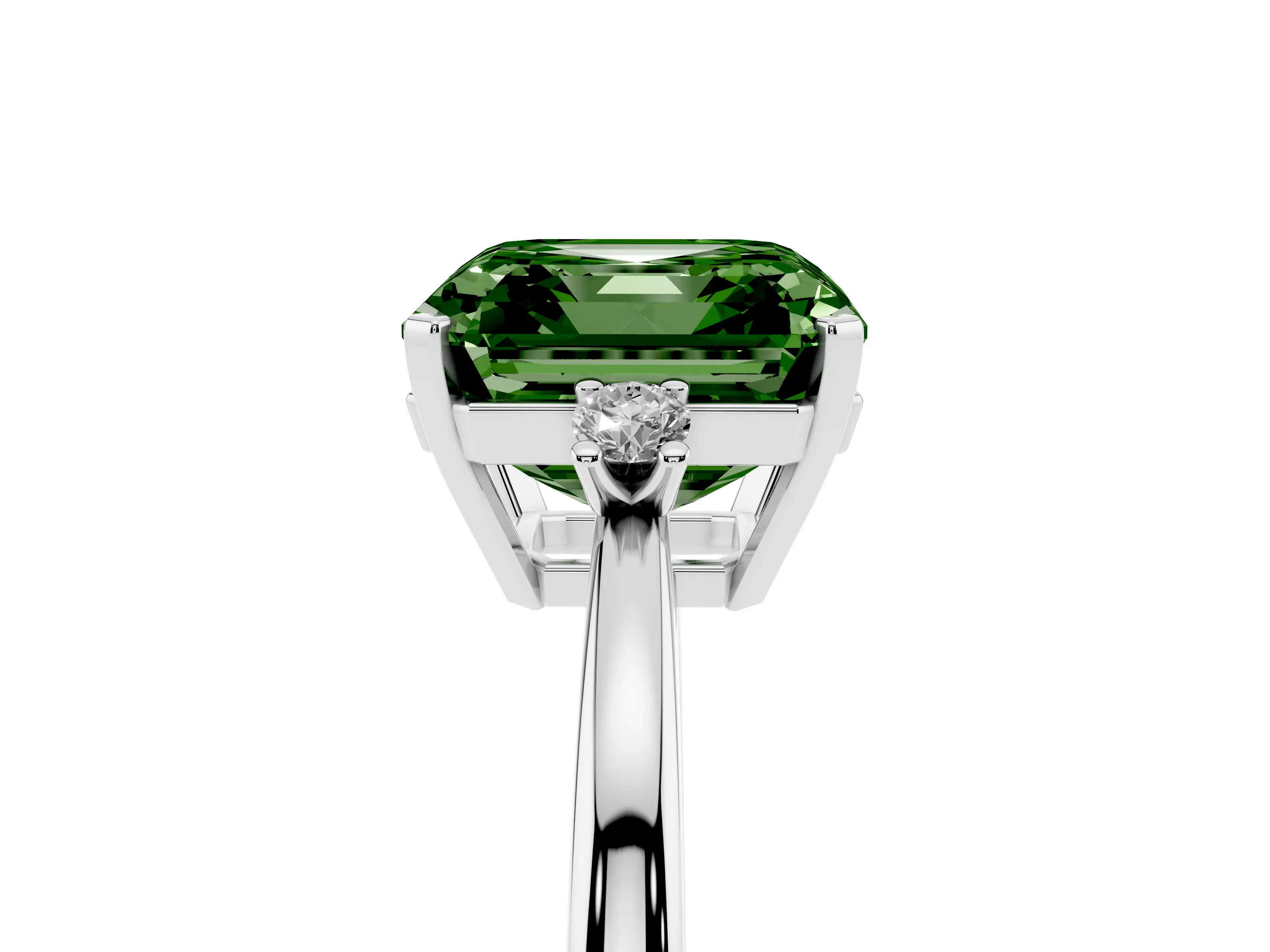 Fancy Green Three-Stone Asscher Cut Diamond Solitaire Ring Set in White gold with Round Accent Stones and Prong Setting