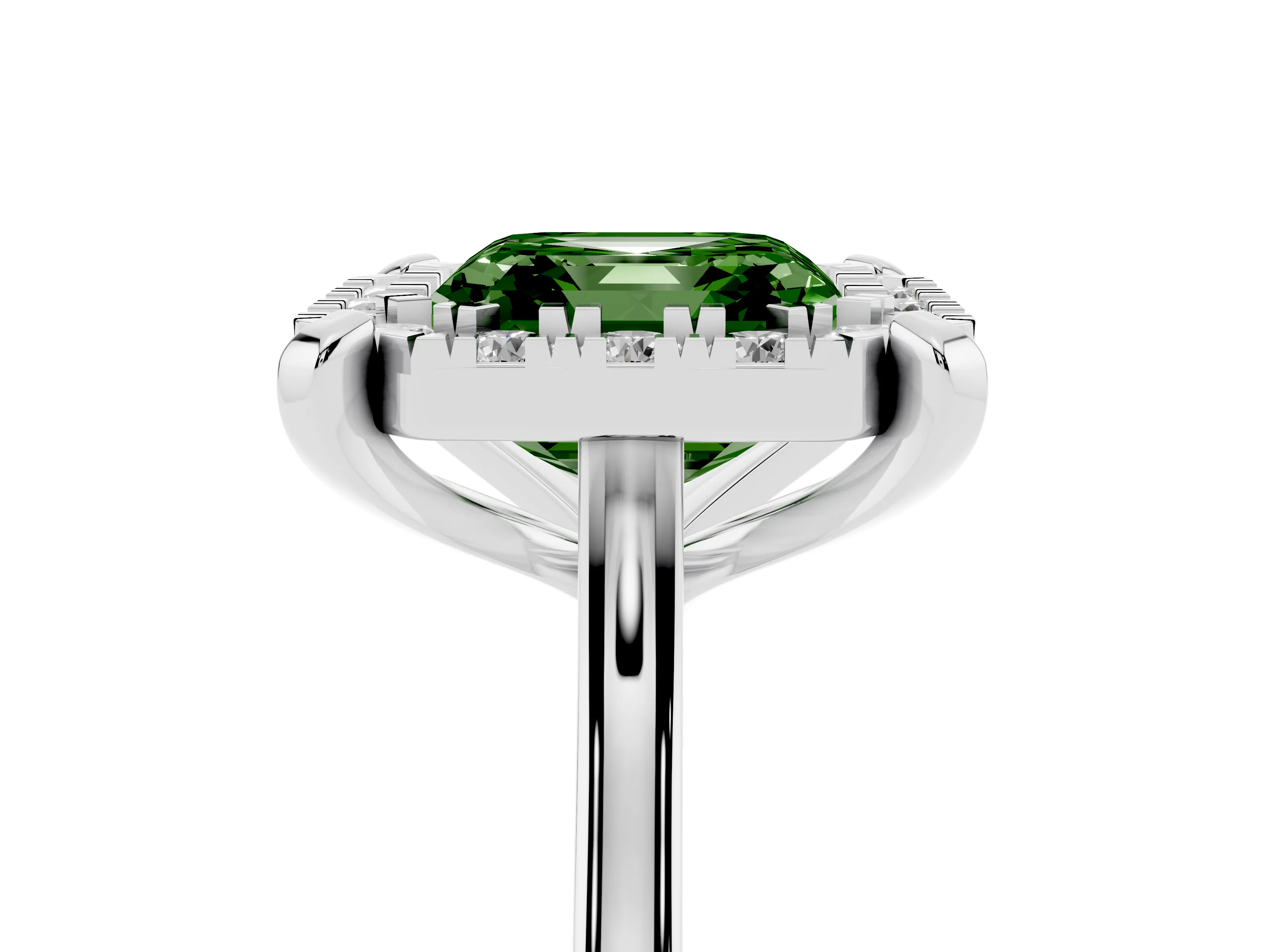 Fancy Green Asscher Cut Diamond Cluster Halo Solitaire Ring Set in Silver with Prong Setting