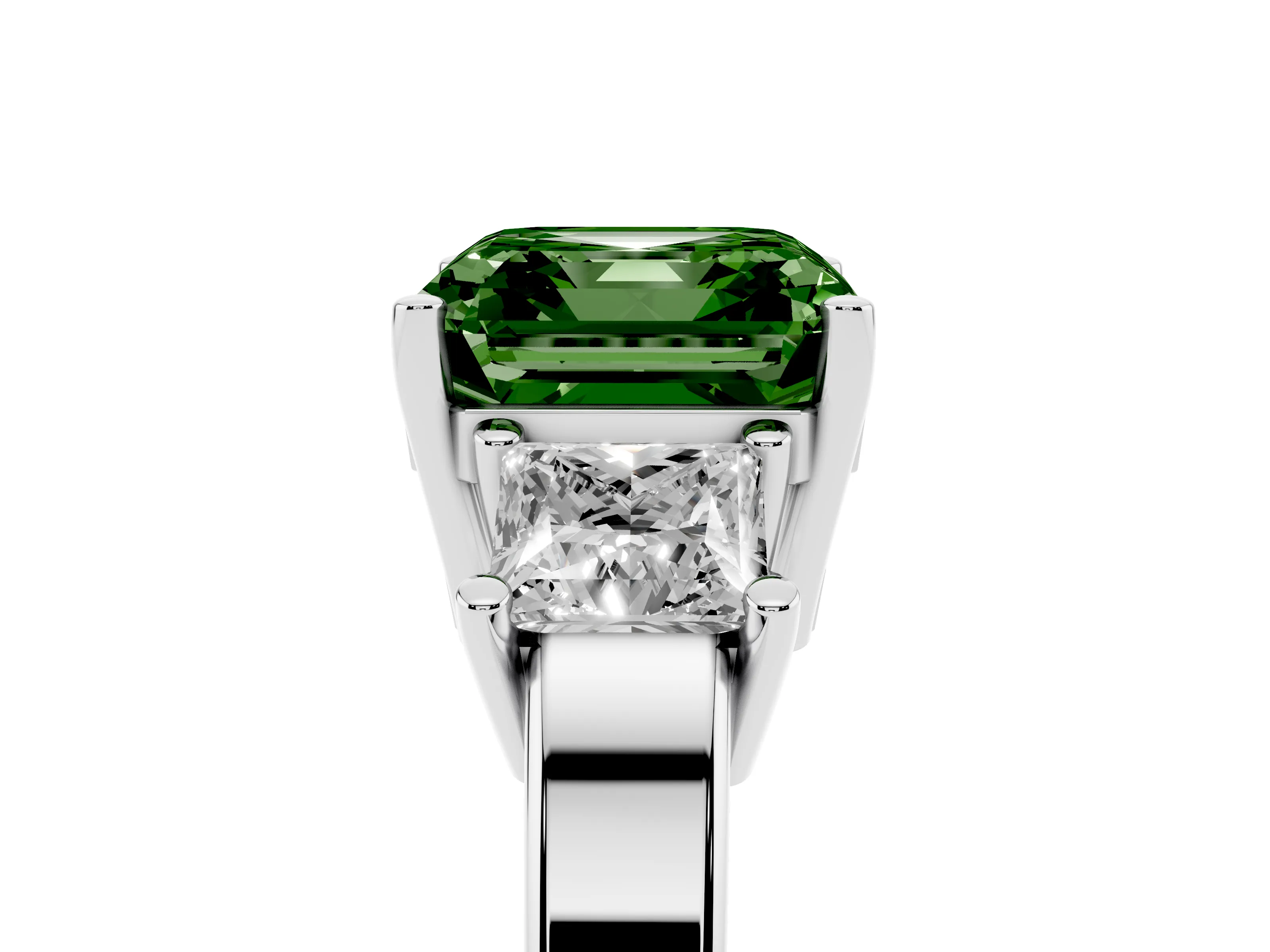Fancy Green Three-Stone Asscher Cut Diamond Solitaire Ring Set in Silver with Prong Setting