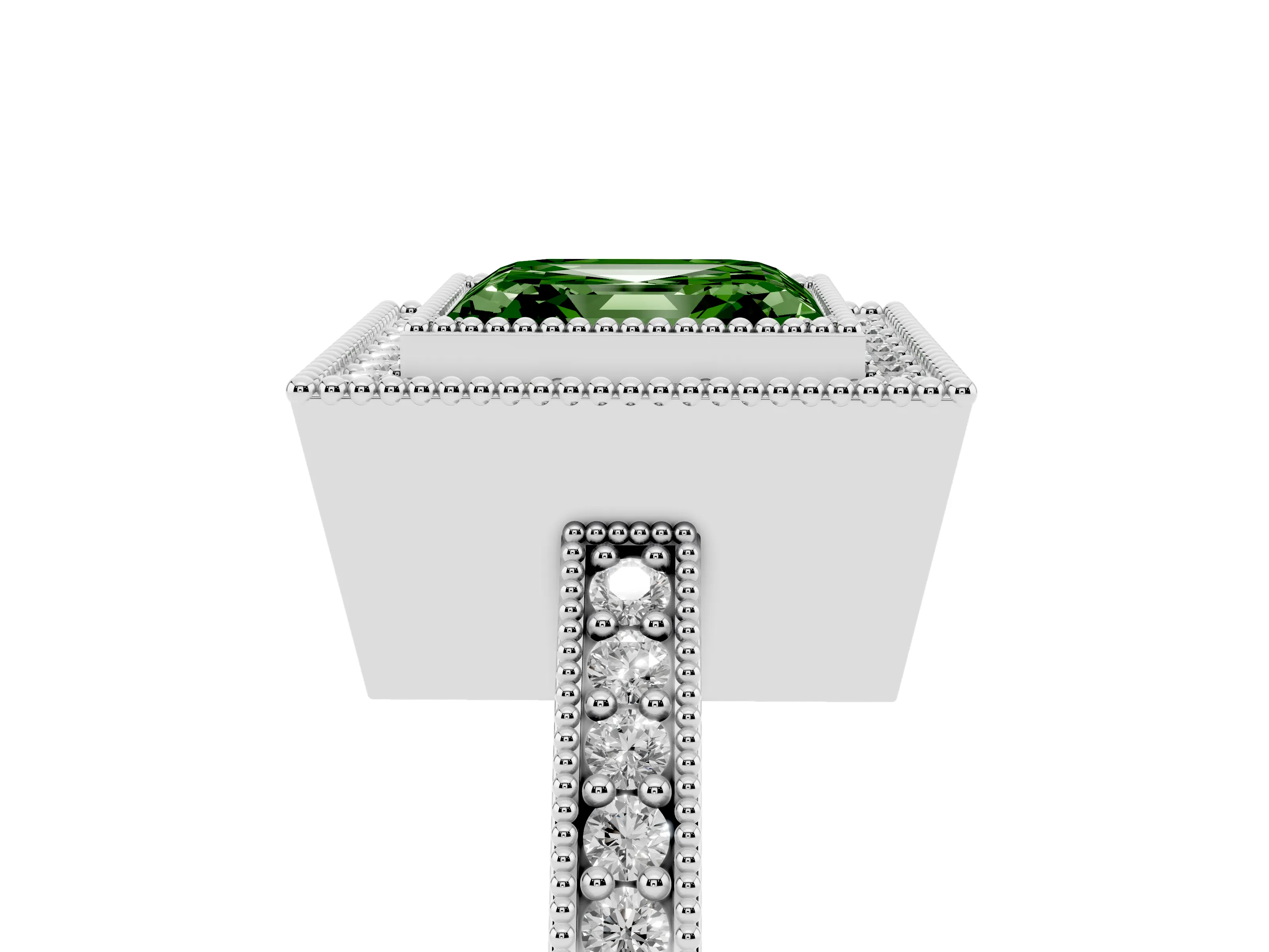 Fancy Green Asscher Cut Diamond Halo Engagement Ring Set in White gold with Pavé Band and Round Halo Stones