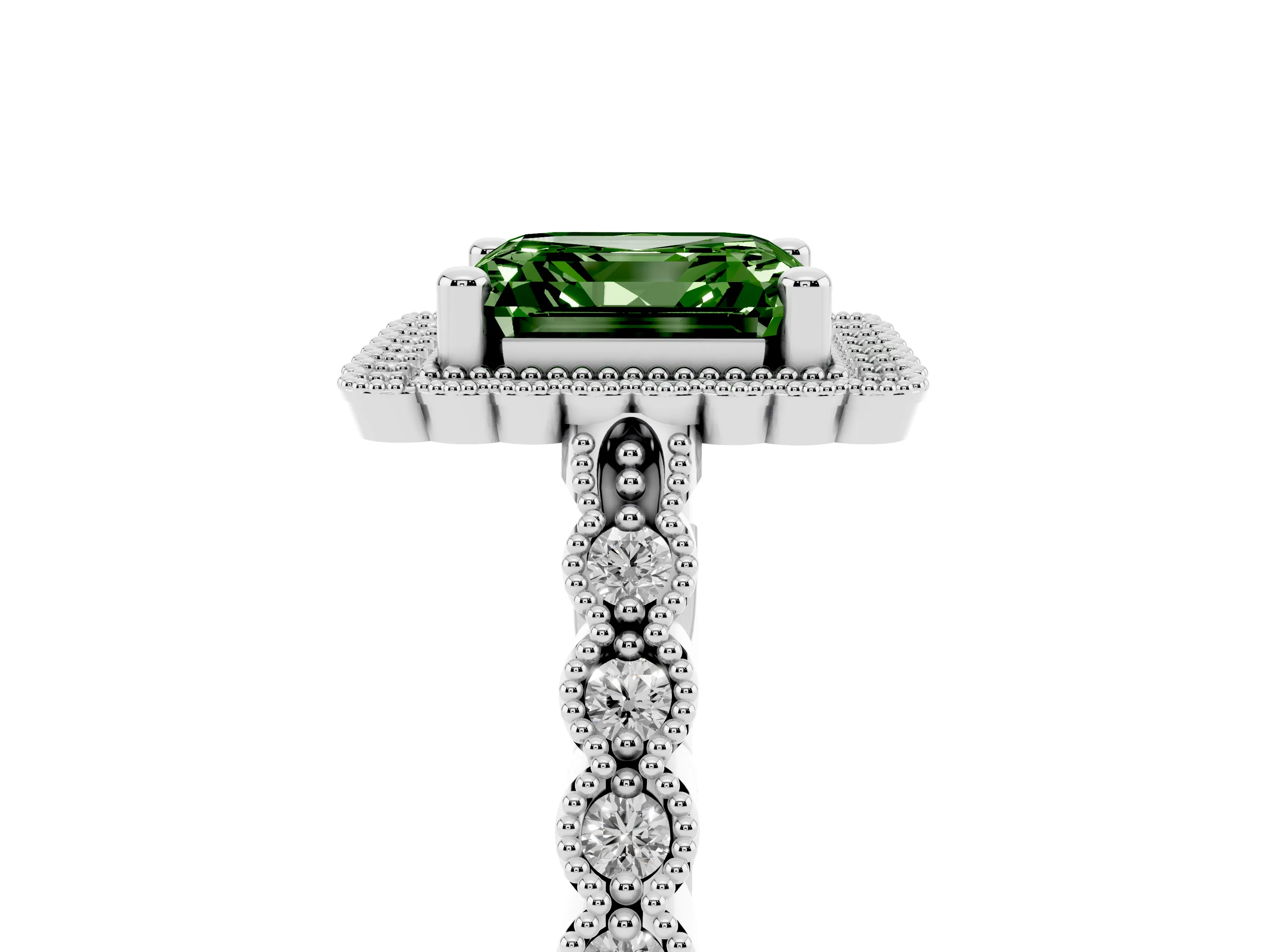 Fancy Green Asscher Cut Diamond Halo Ring Set in Platinum with Pavé Milgrain Band