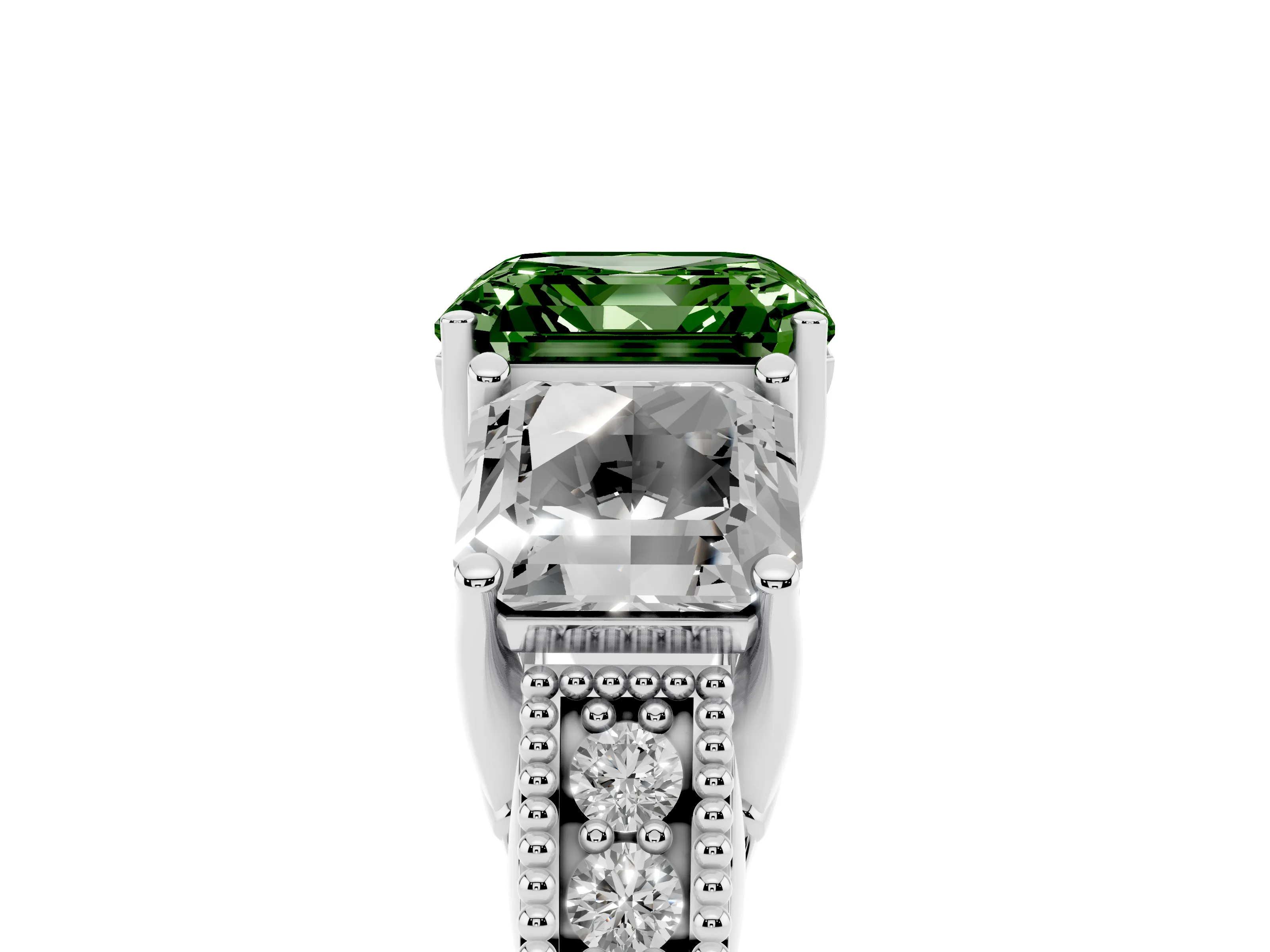 Fancy Green Asscher Cut Diamond Three-Stone Engagement Ring Set in Platinum with Milgrain Pavé Band