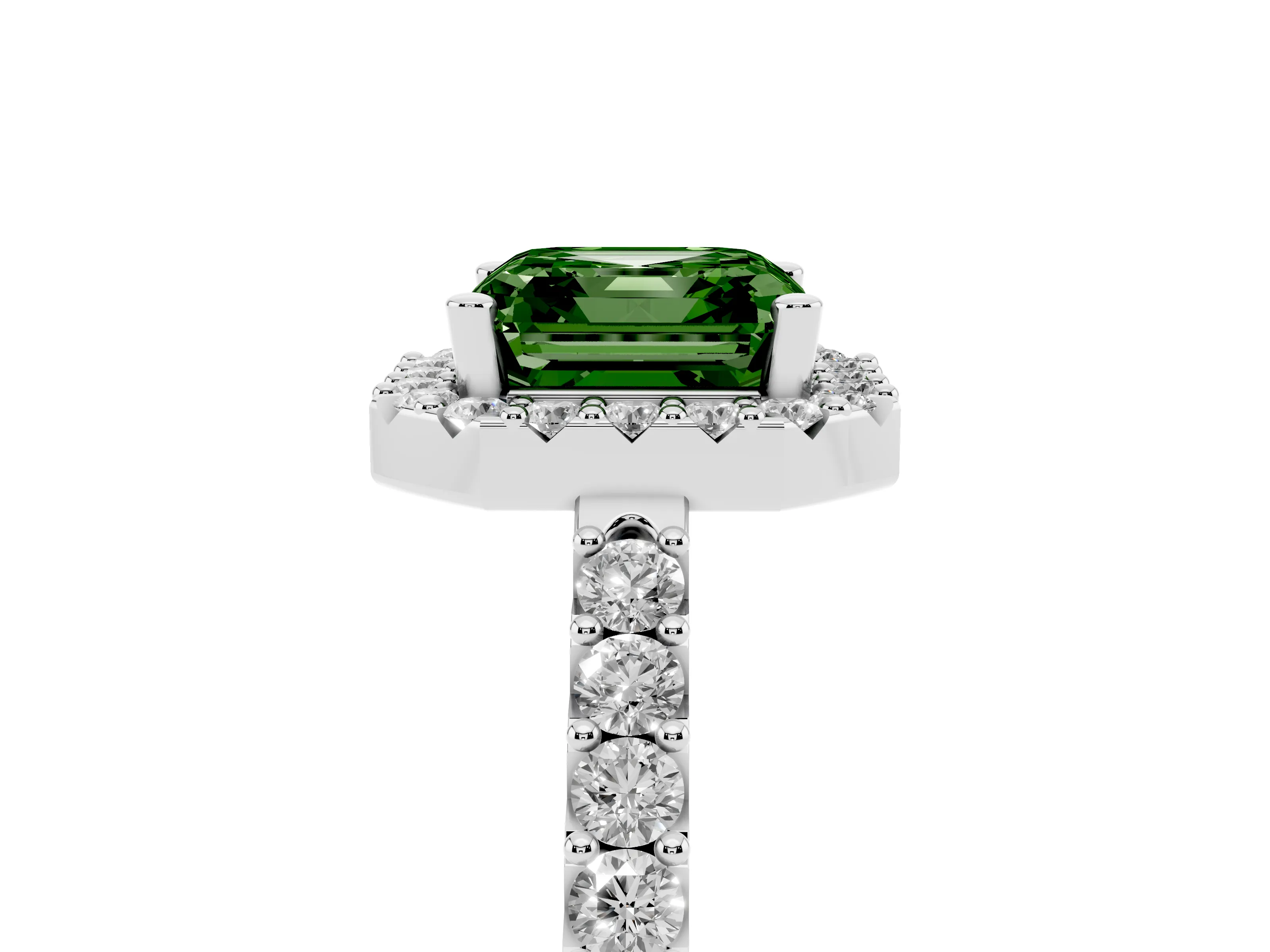 Fancy Green Asscher Cut Diamond Halo Pavé Solitaire Ring Set in White gold with Prong-Set Center Stone