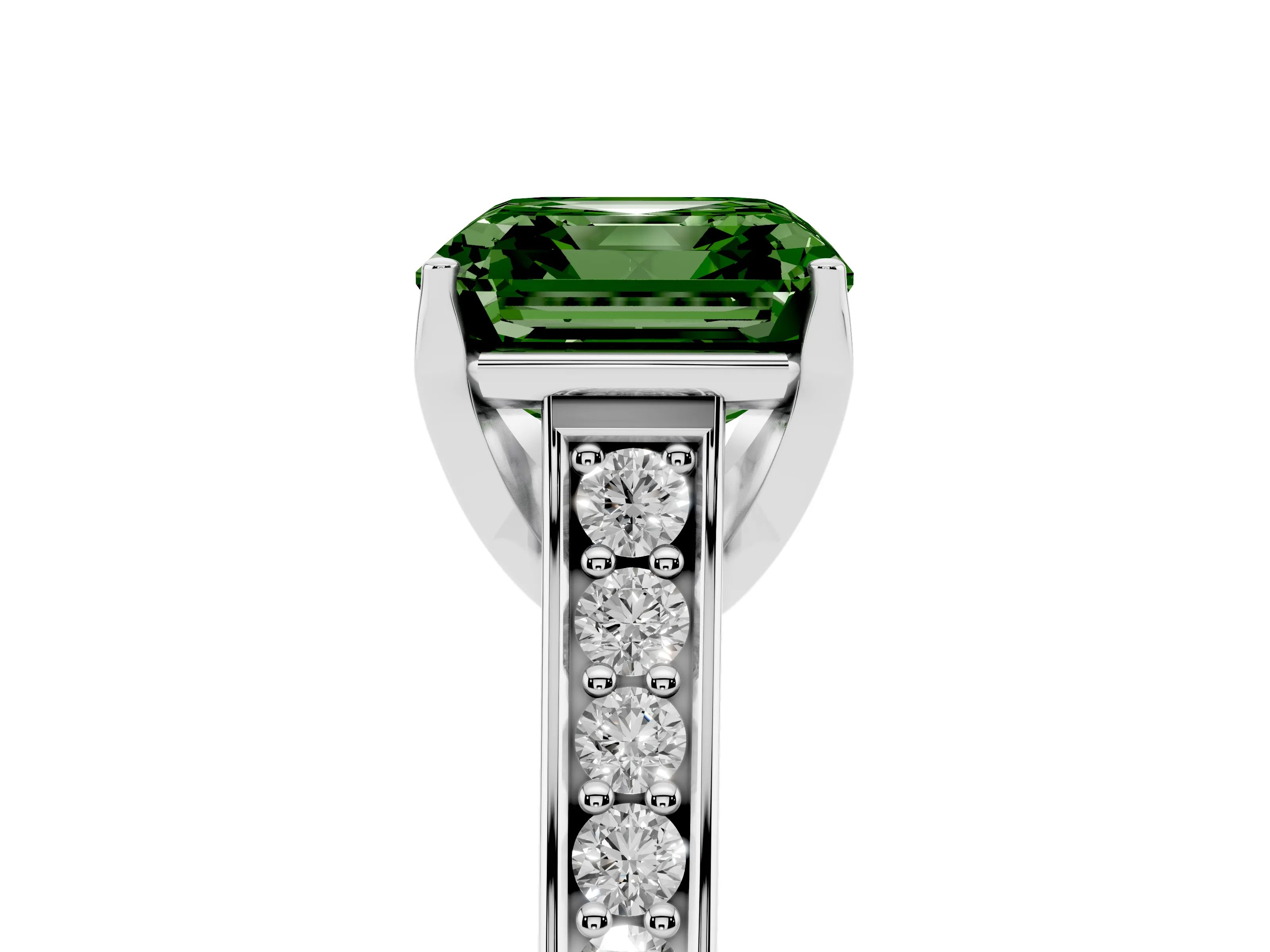 Fancy Green Asscher Cut Diamond Solitaire Pavé Engagement Ring Set in White gold with Prong Setting