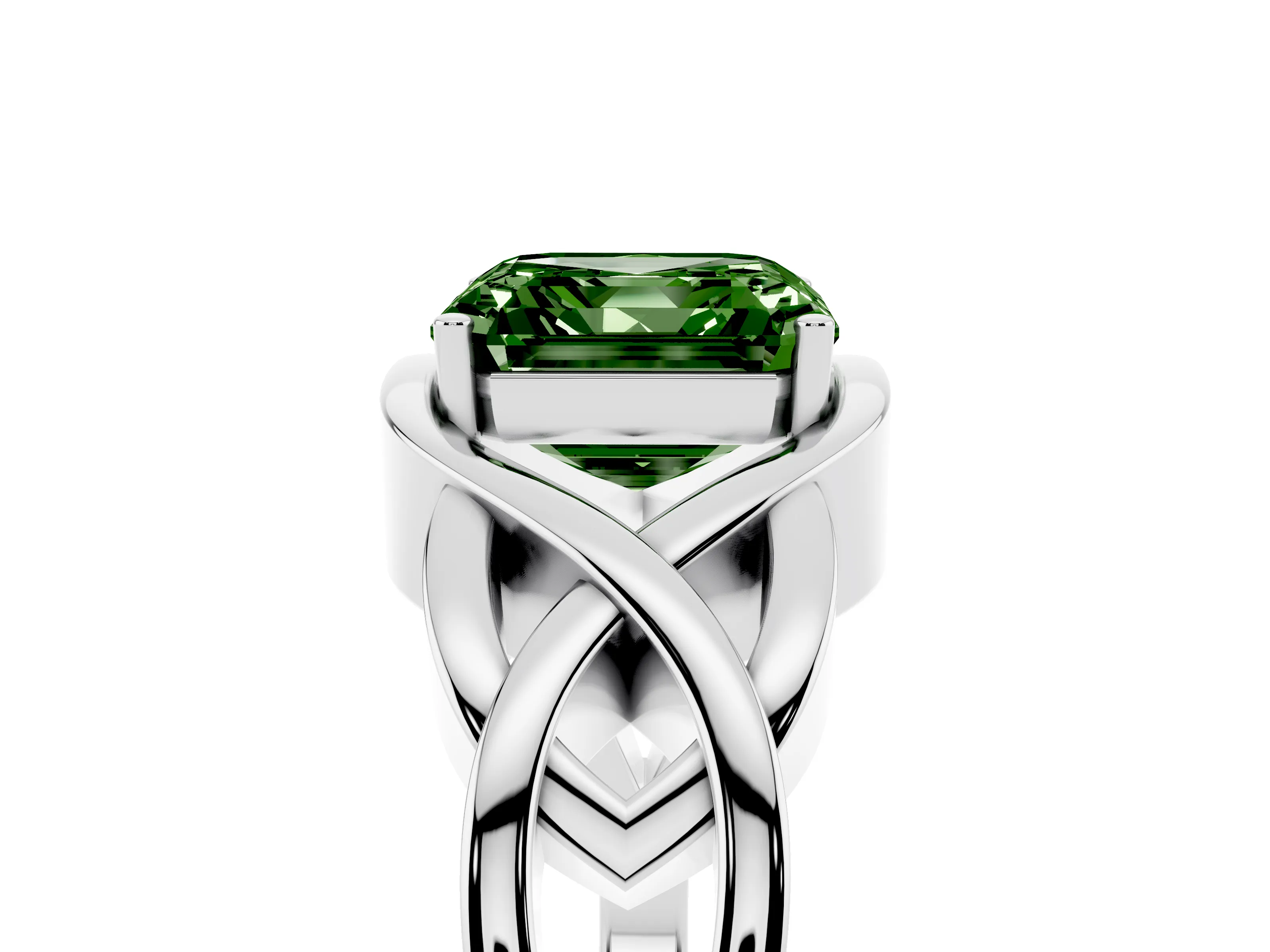 Fancy Green Asscher Cut Diamond Solitaire Ring Set in Silver with Intertwined Band