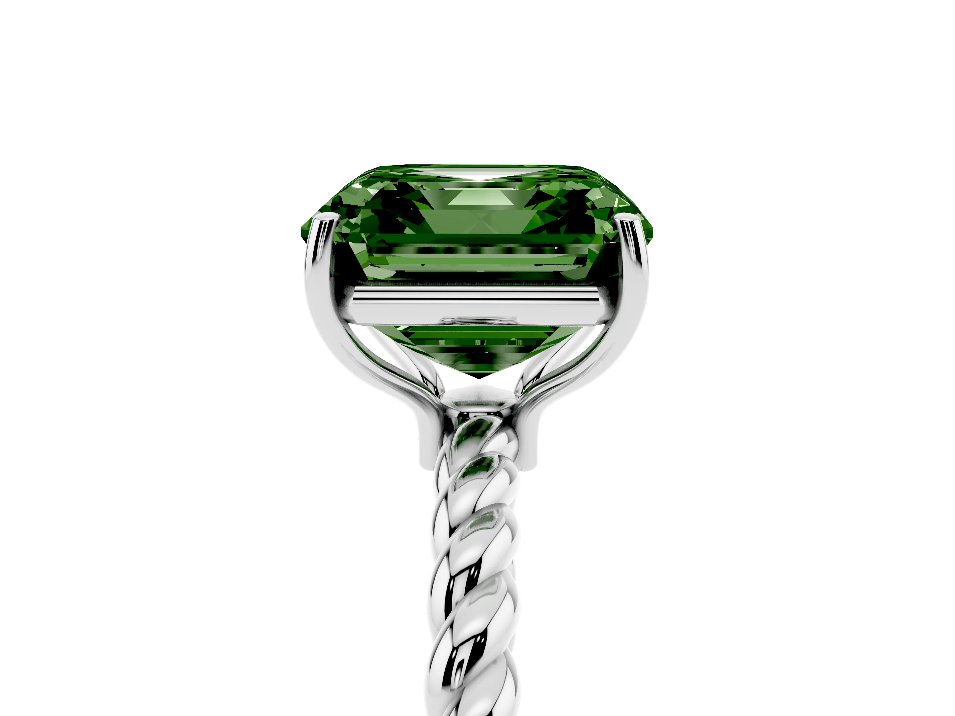 Fancy Green Asscher Cut Diamond Solitaire Ring Set in White gold with Twist Band and Prong Setting