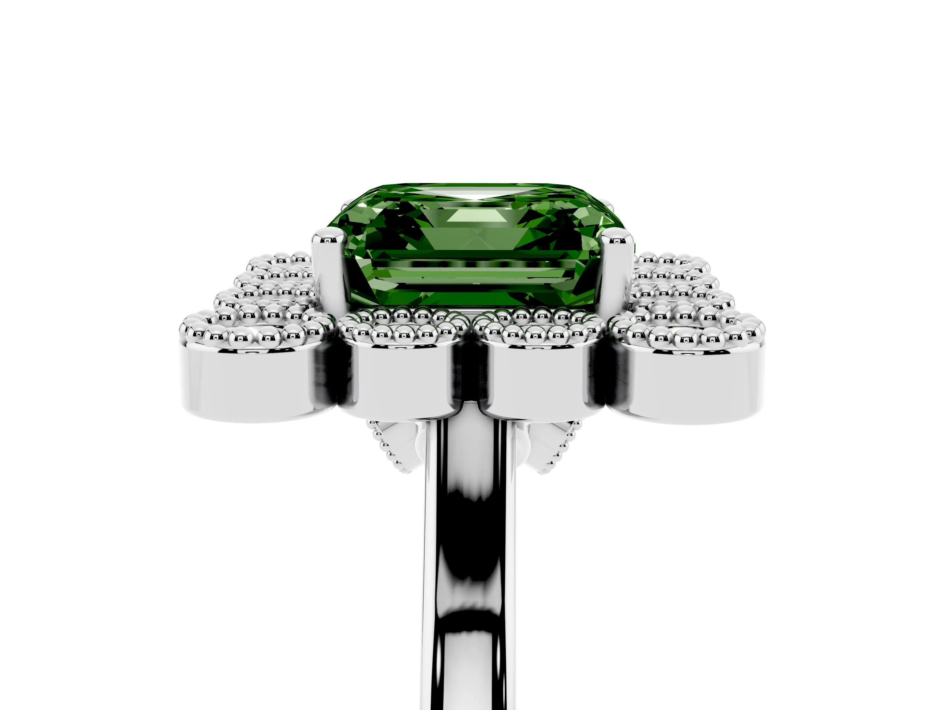 Fancy Green Asscher Cut Diamond Cluster Halo Ring Set in White gold with Milgrain Bezel Accents and Plain Band