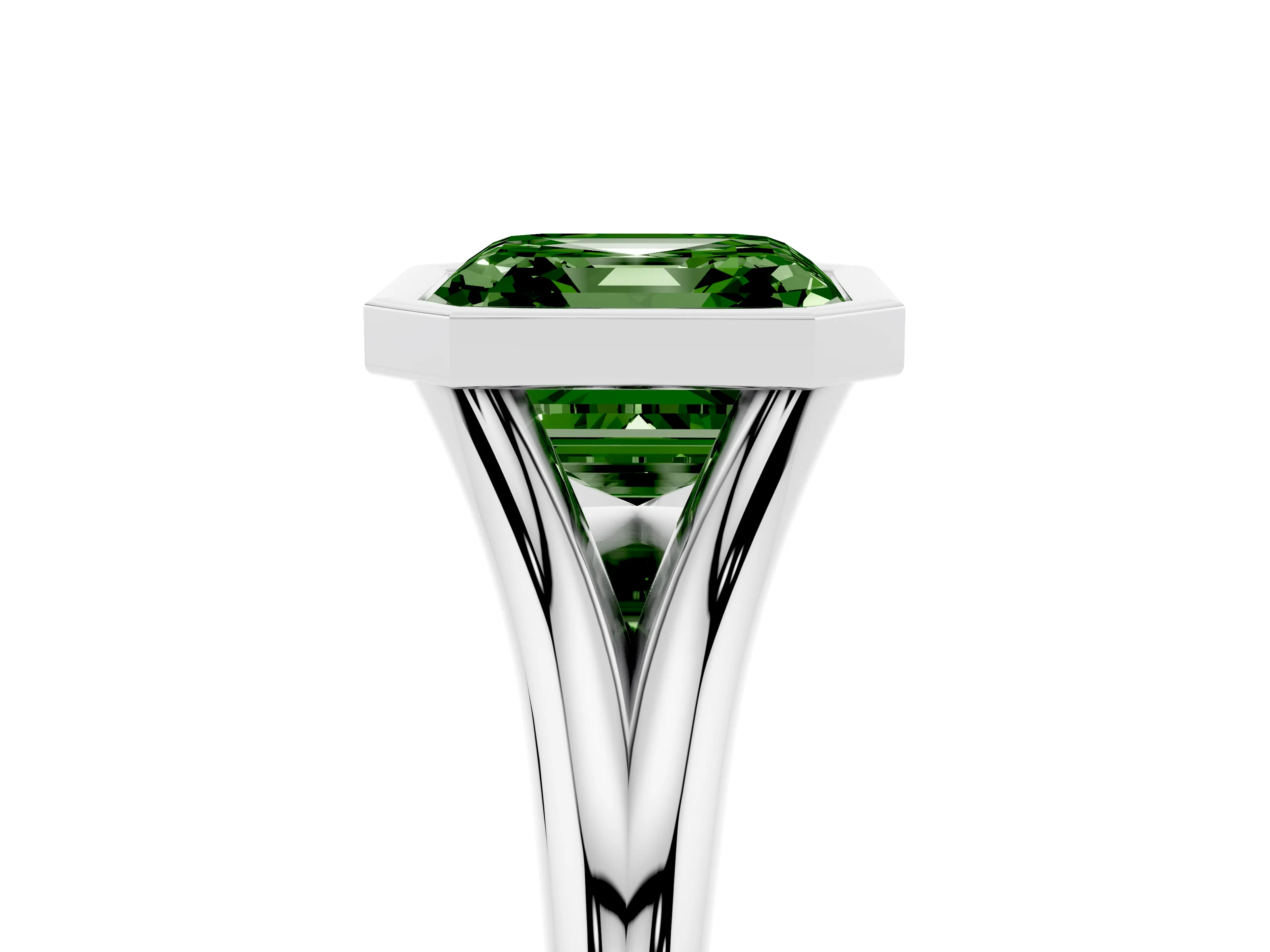 Fancy Green Bezel Set Asscher Cut Diamond Solitaire Ring Set in White gold with Tapered Band