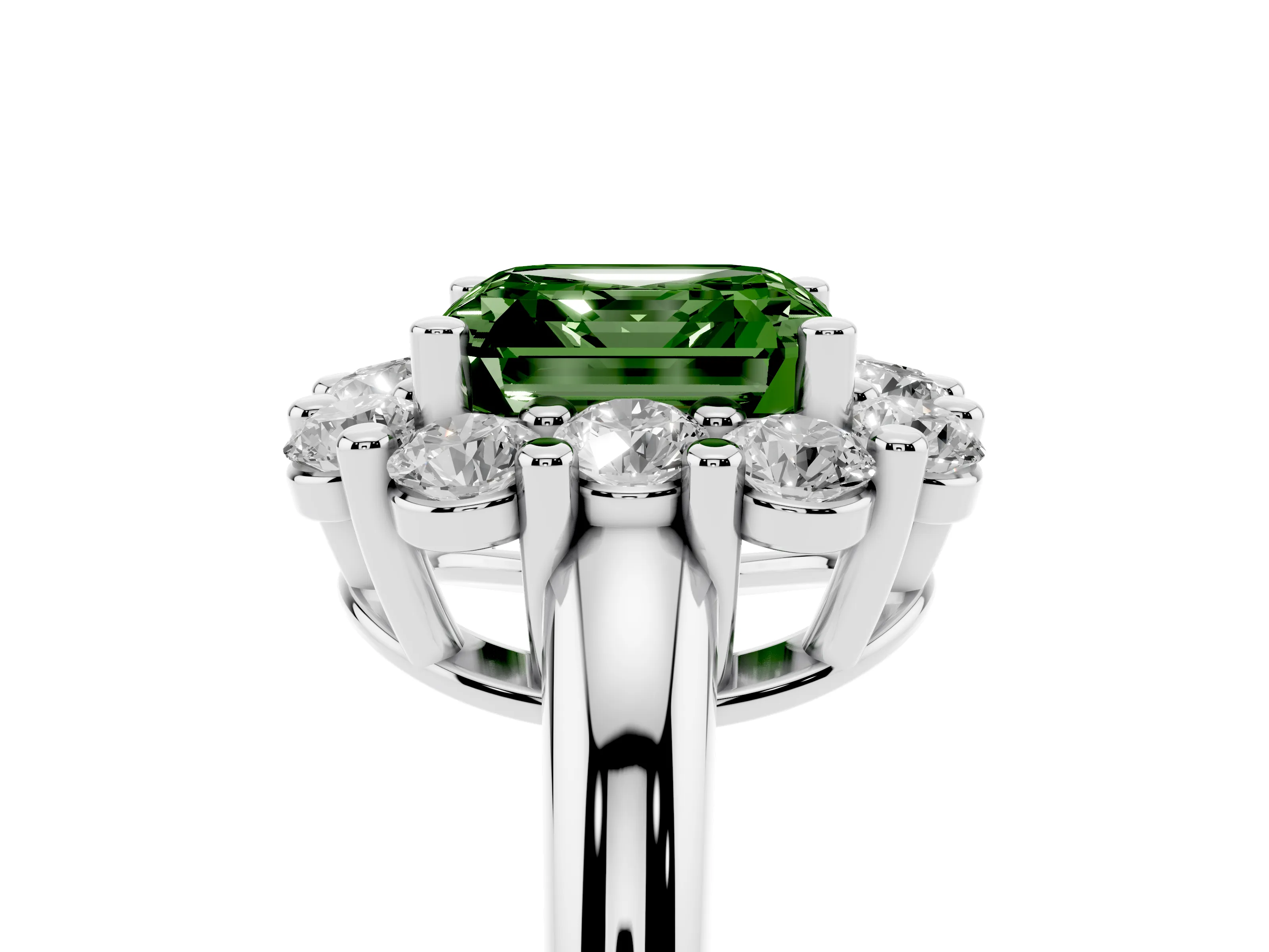 Fancy Green Asscher Cut Diamond Halo Cluster Engagement Ring Set in White gold with Polished Band and Prong Setting
