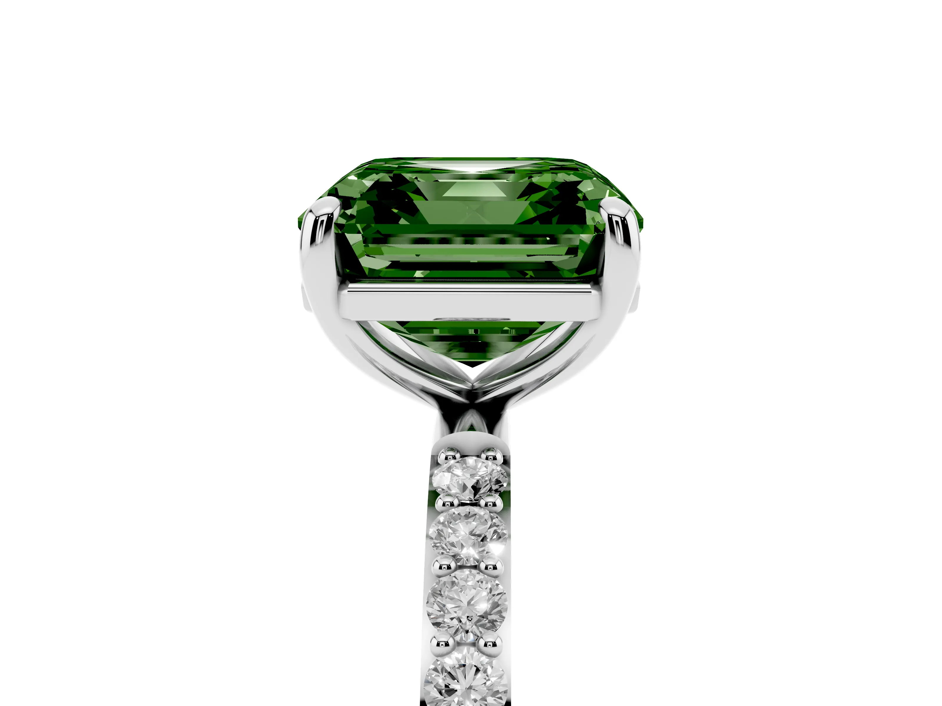 Fancy Green Asscher Cut Diamond Solitaire Ring Set in Silver with Round Pavé Band and Prong Setting