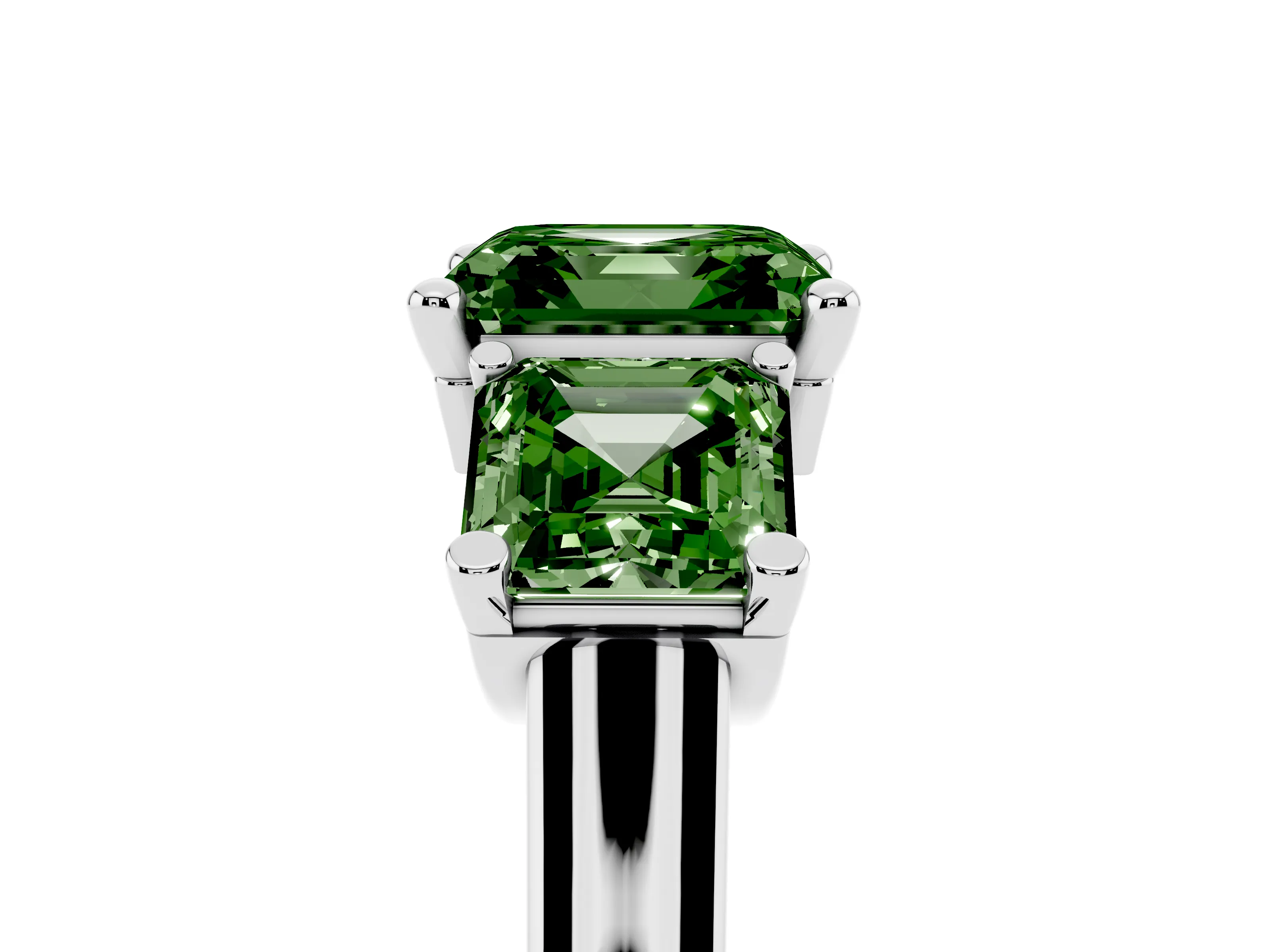 Fancy Green Asscher Cut Diamond Three-Stone Trellis Ring Set in White gold with Comfort Fit Band