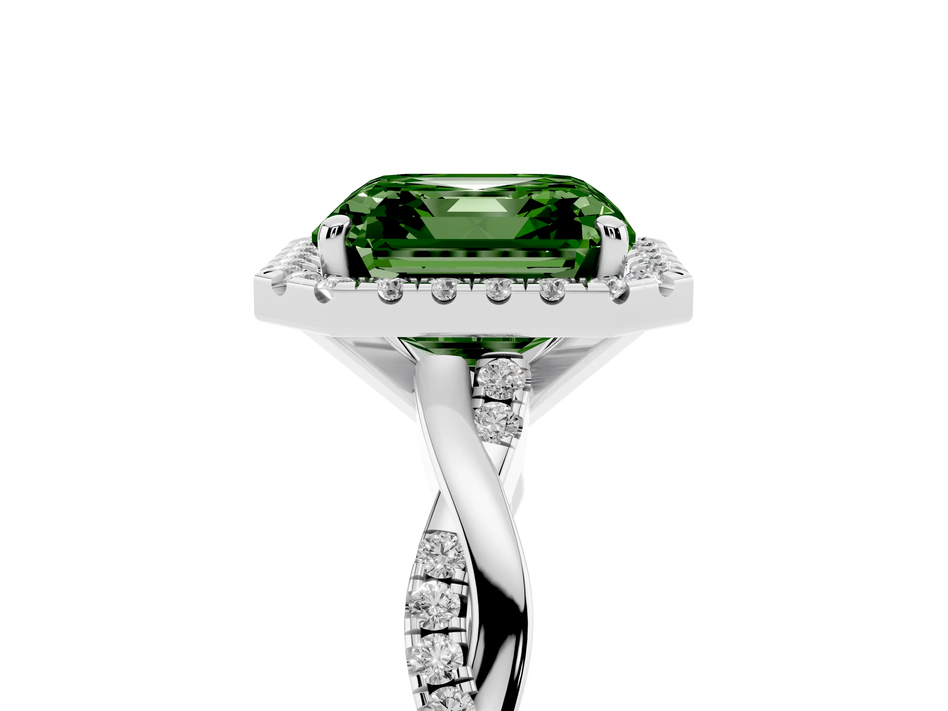 Fancy Green Asscher Cut Diamond Halo Twisted Band Ring Set in White gold with Prong Setting