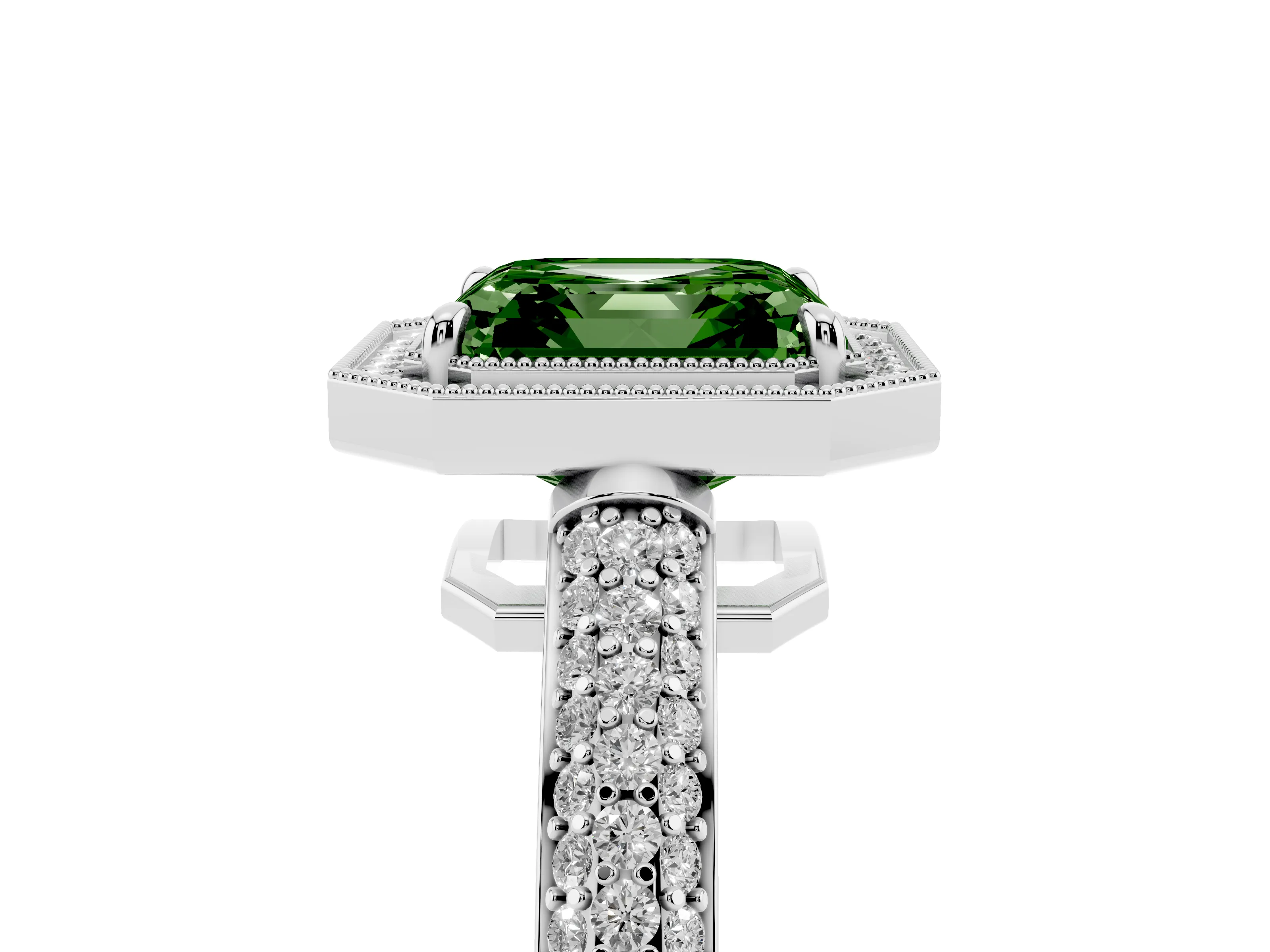 Fancy Green Asscher Cut Diamond Halo Pavé Band Set in White gold with Prong Setting