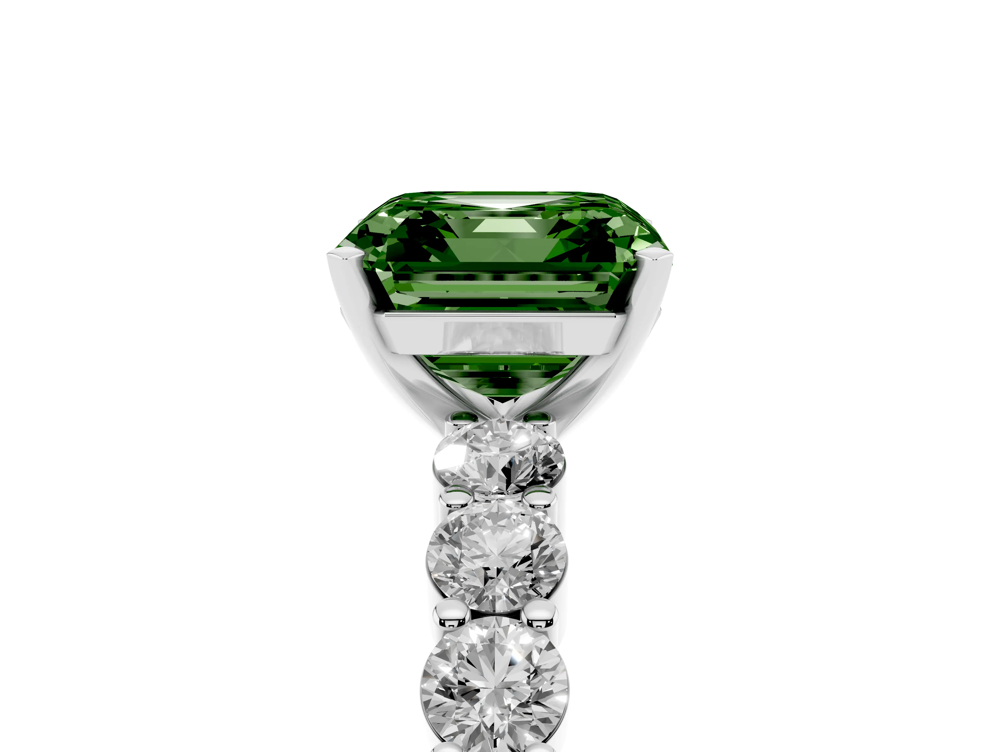 Fancy Green Asscher Cut Diamond Solitaire Ring Set in White gold with Shared Prong Round Side Stones