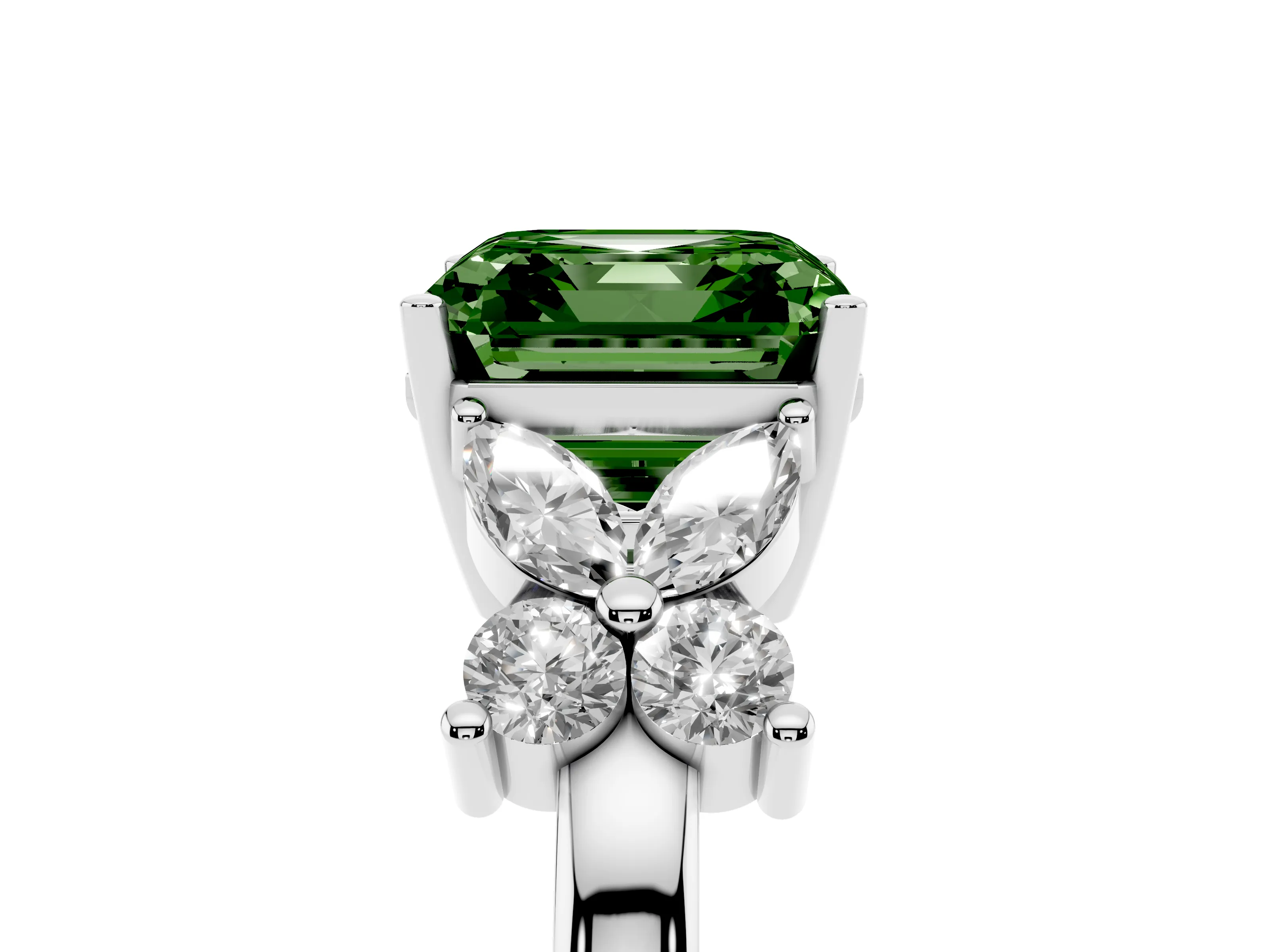 Fancy Green Asscher Cut Diamond Floral Cluster Ring Set in White gold with Marquise Petals and Prong Setting