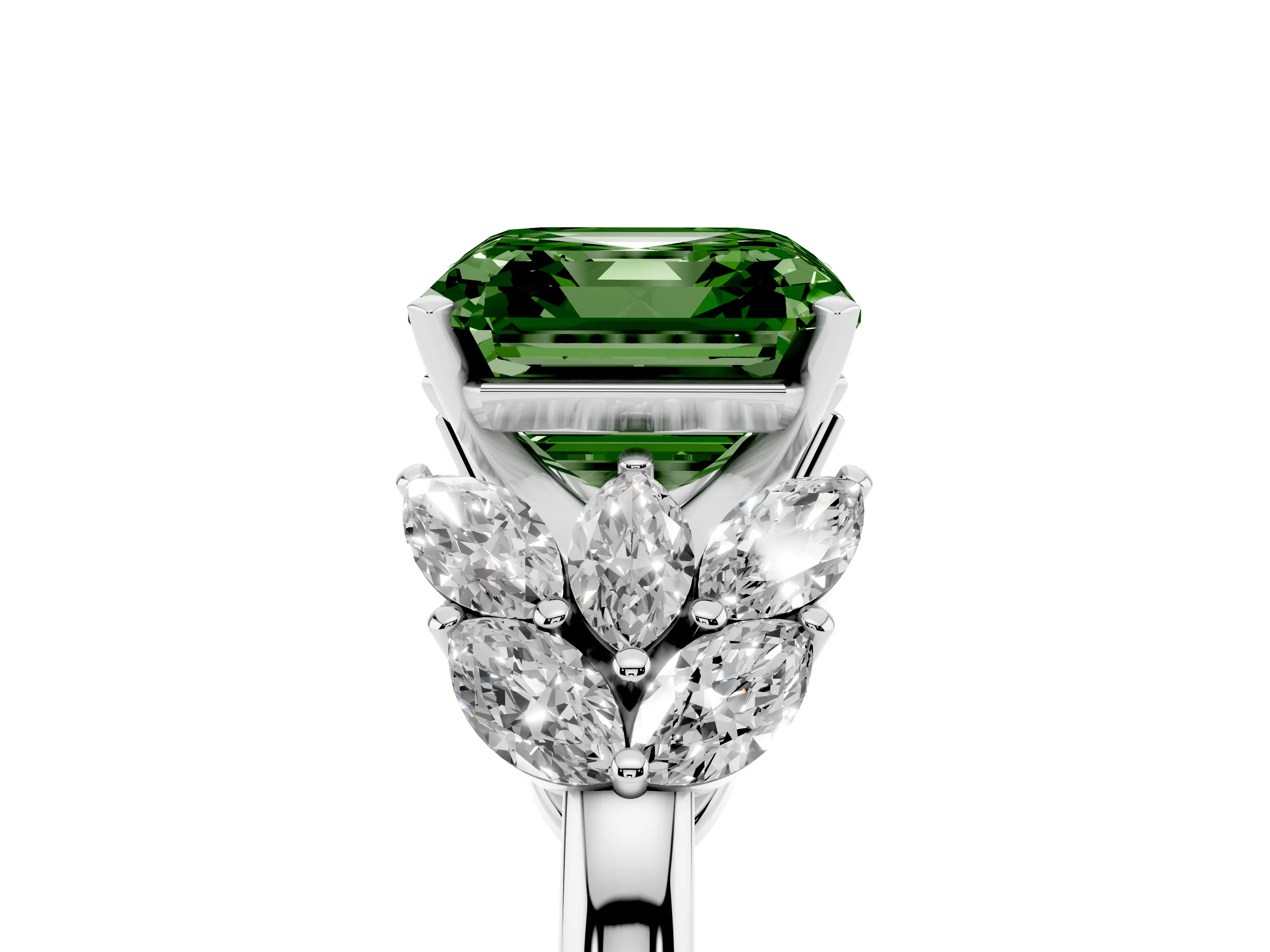 Fancy Green Asscher Cut Diamond Cluster Leaf Design Ring Set in White gold with Prong Setting
