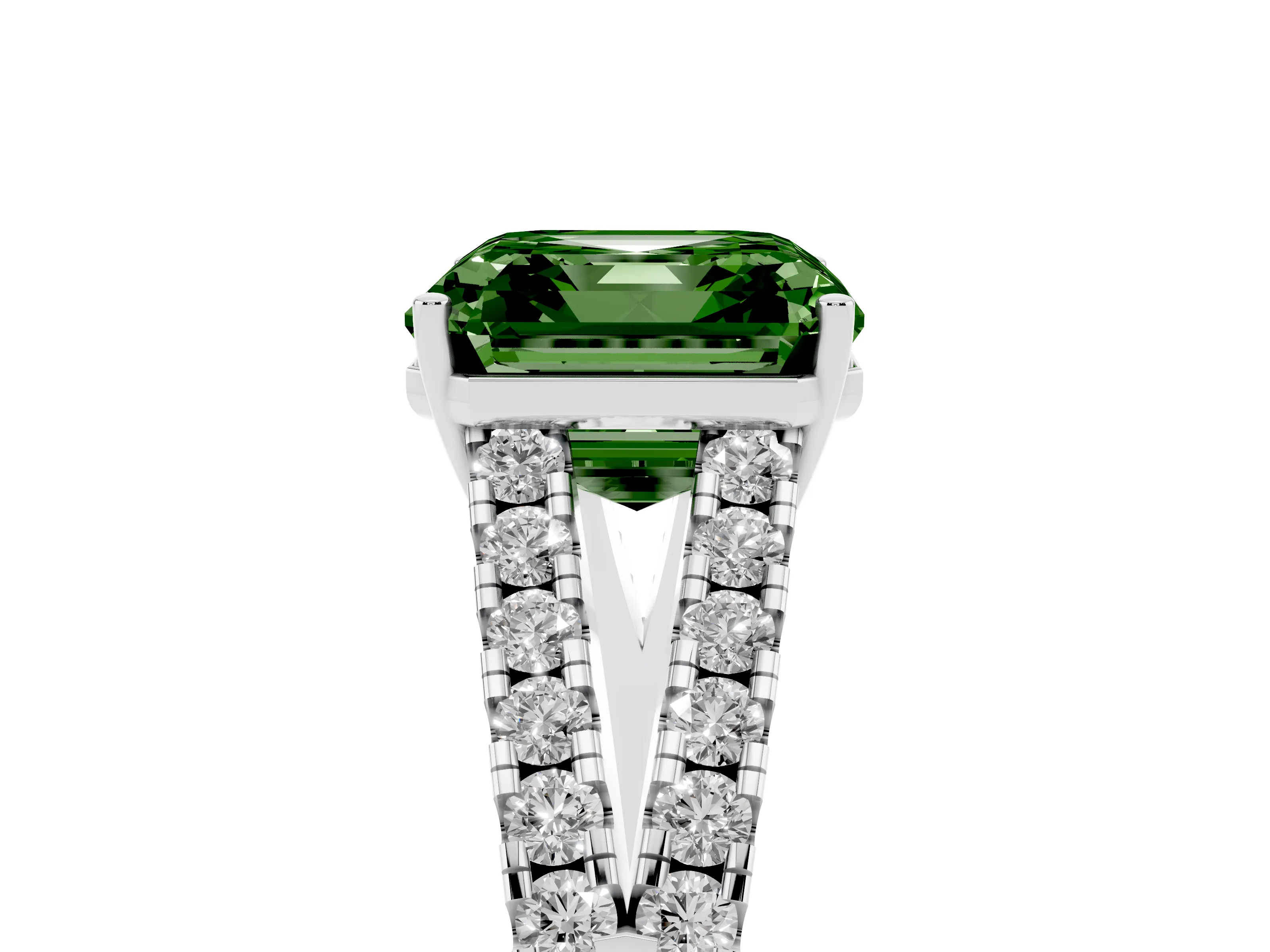 Fancy Green Asscher Cut Diamond Split Shank Engagement Ring Set in White gold with Round Pavé and Prong Setting