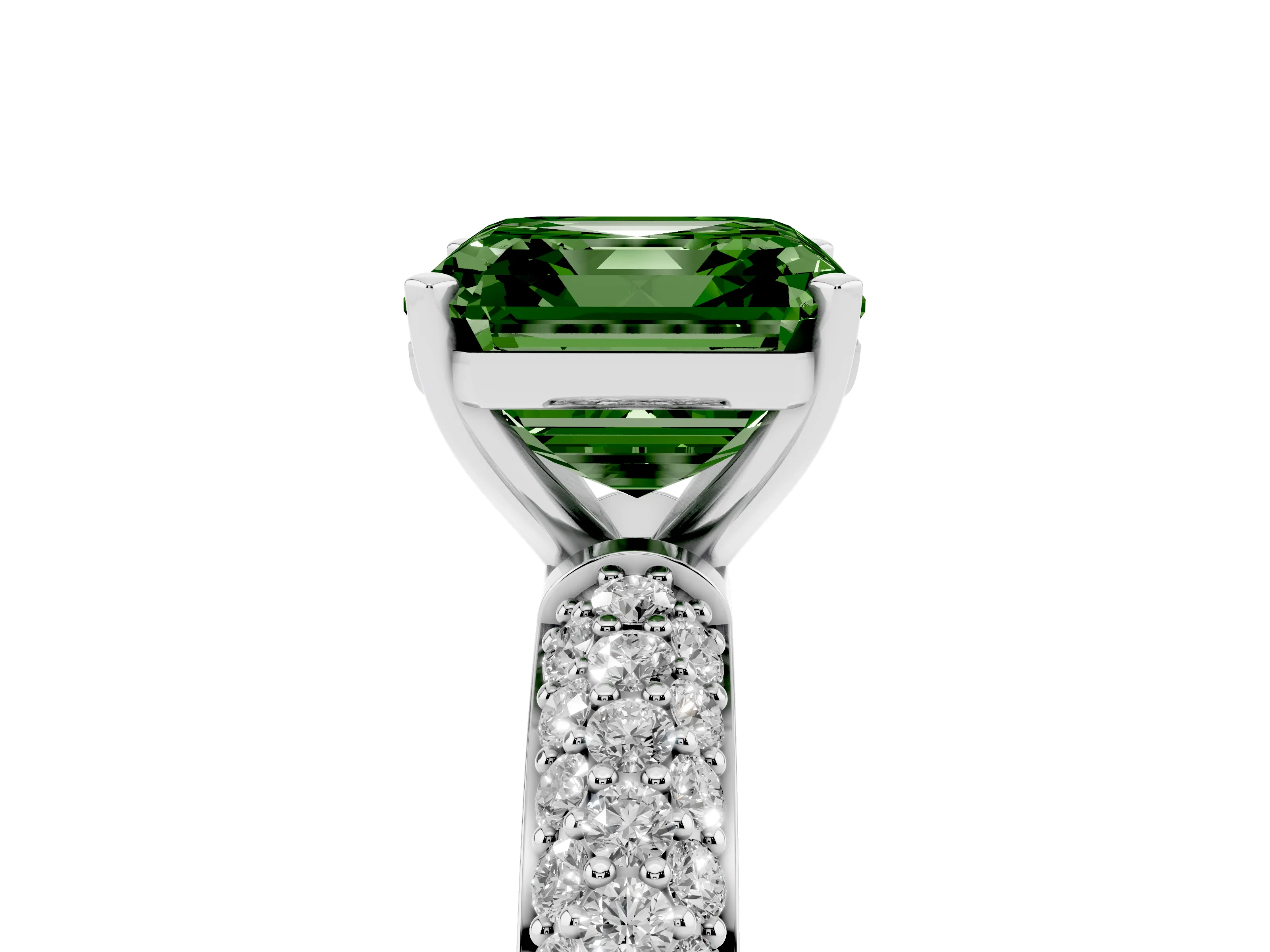 Fancy Green Asscher Cut Diamond Solitaire Ring Set in Silver with Prong Setting and Pavé-Set Band