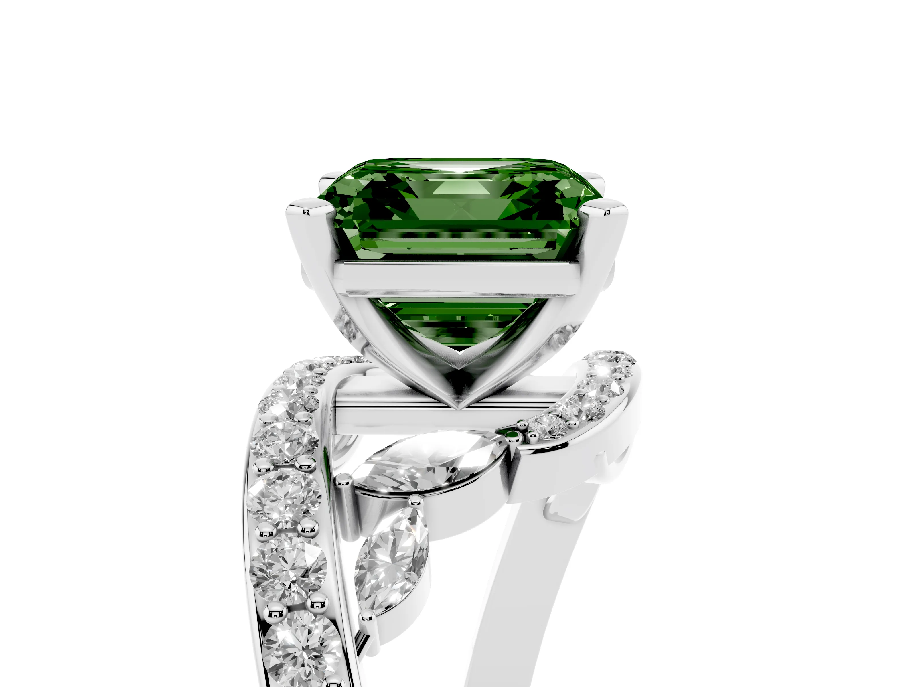 Fancy Green Asscher Cut Diamond Solitaire Ring Set in White gold with Pavé Twist Band and Secure Prong Setting
