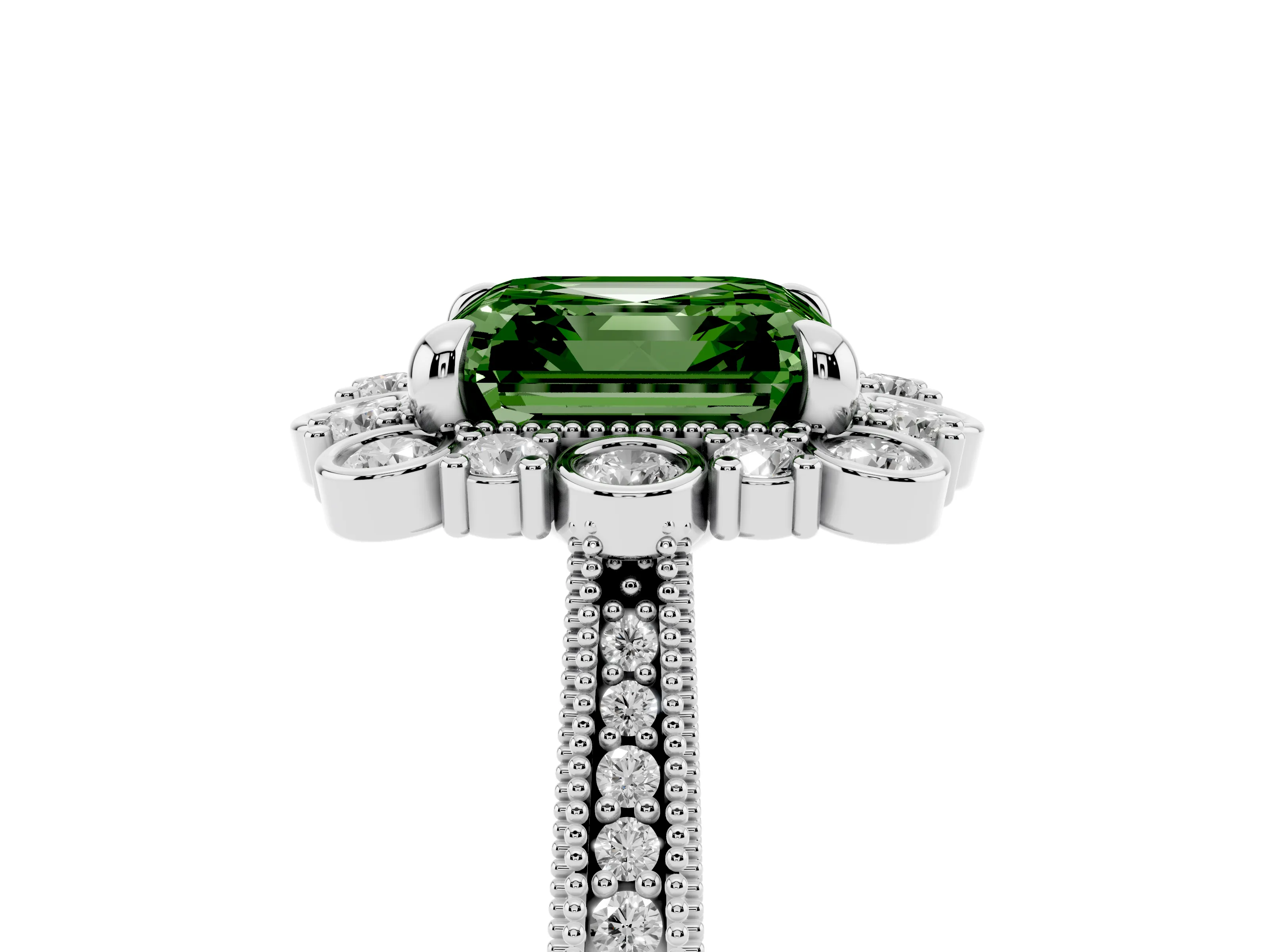 Fancy Green Asscher Cut Diamond Halo Milgrain Pavé Ring Set in White gold with Prong Setting