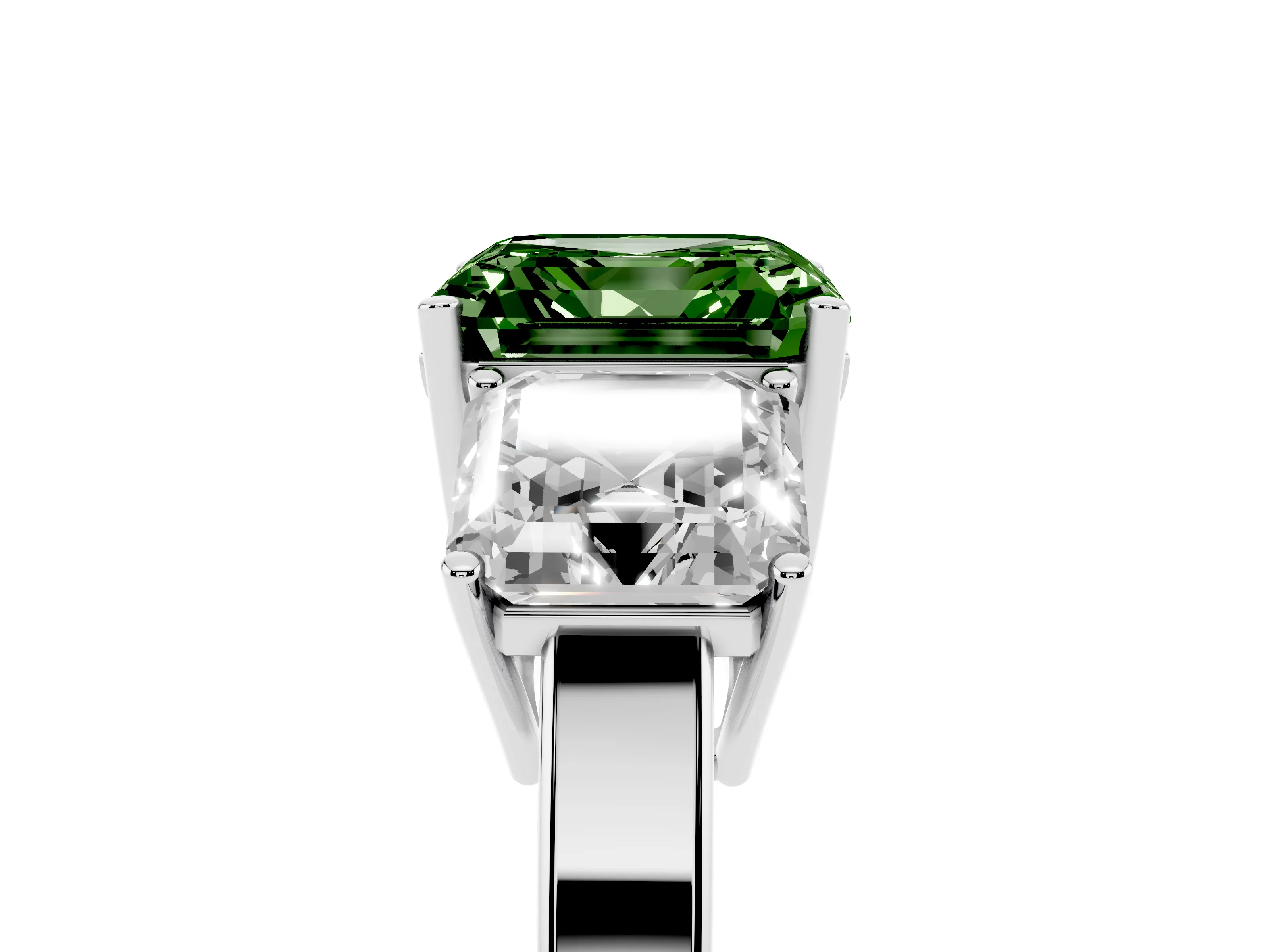 Fancy Green Asscher Cut Diamond Three-Stone Engagement Ring Set in White gold with Flat Band