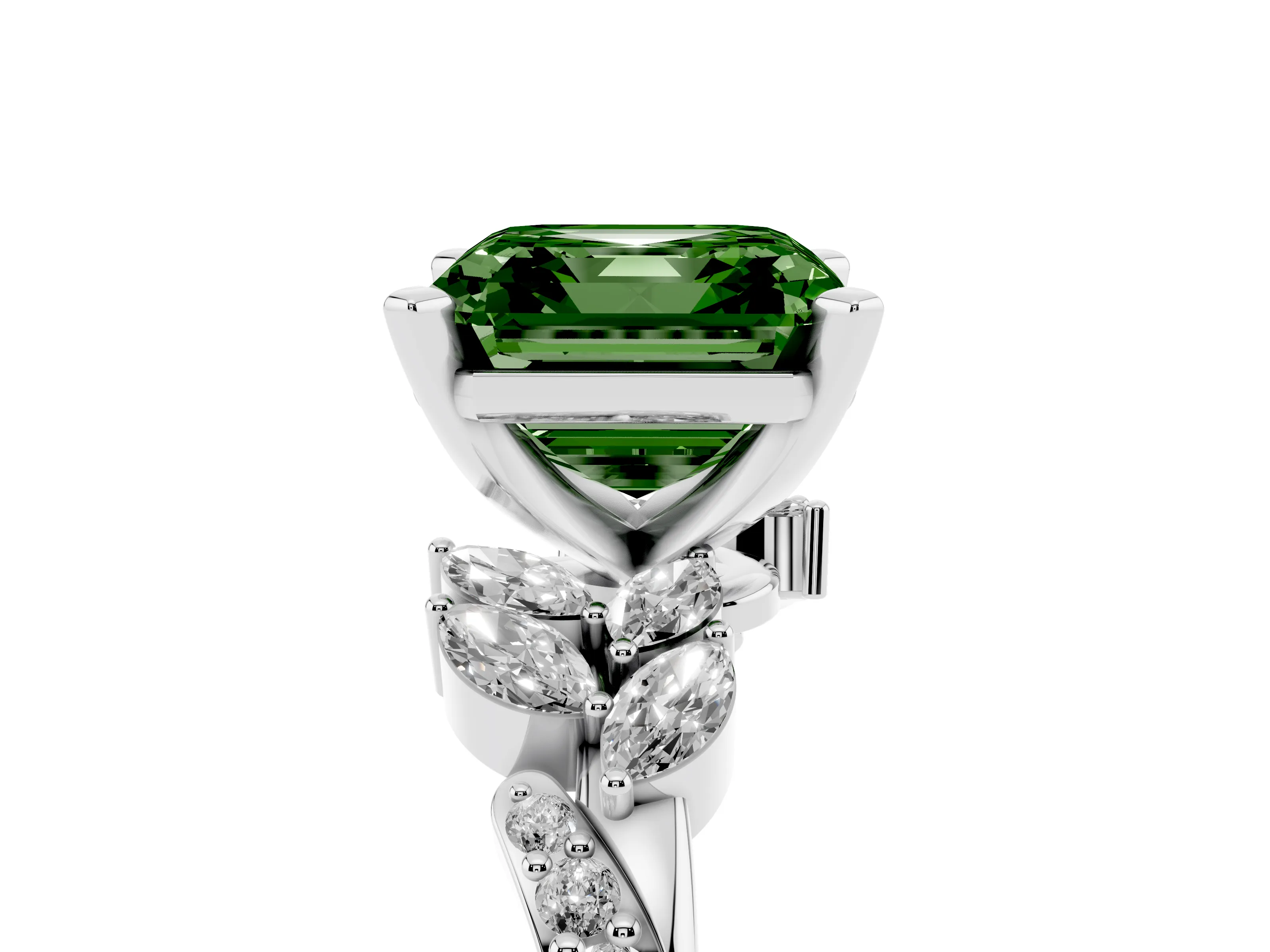Fancy Green Asscher Cut Diamond Solitaire Ring Set in White gold with Marquise Twist Band and Prong Setting