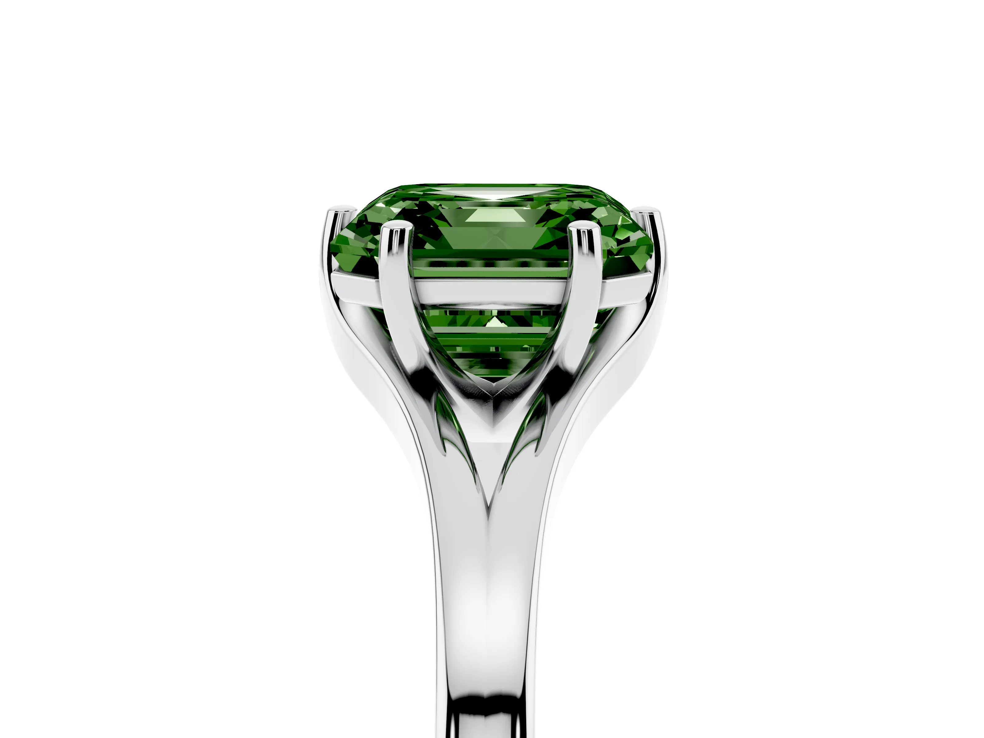 Fancy Green Asscher Cut Diamond Solitaire Ring Set in White gold with Polished Tapered Band and Prong Setting