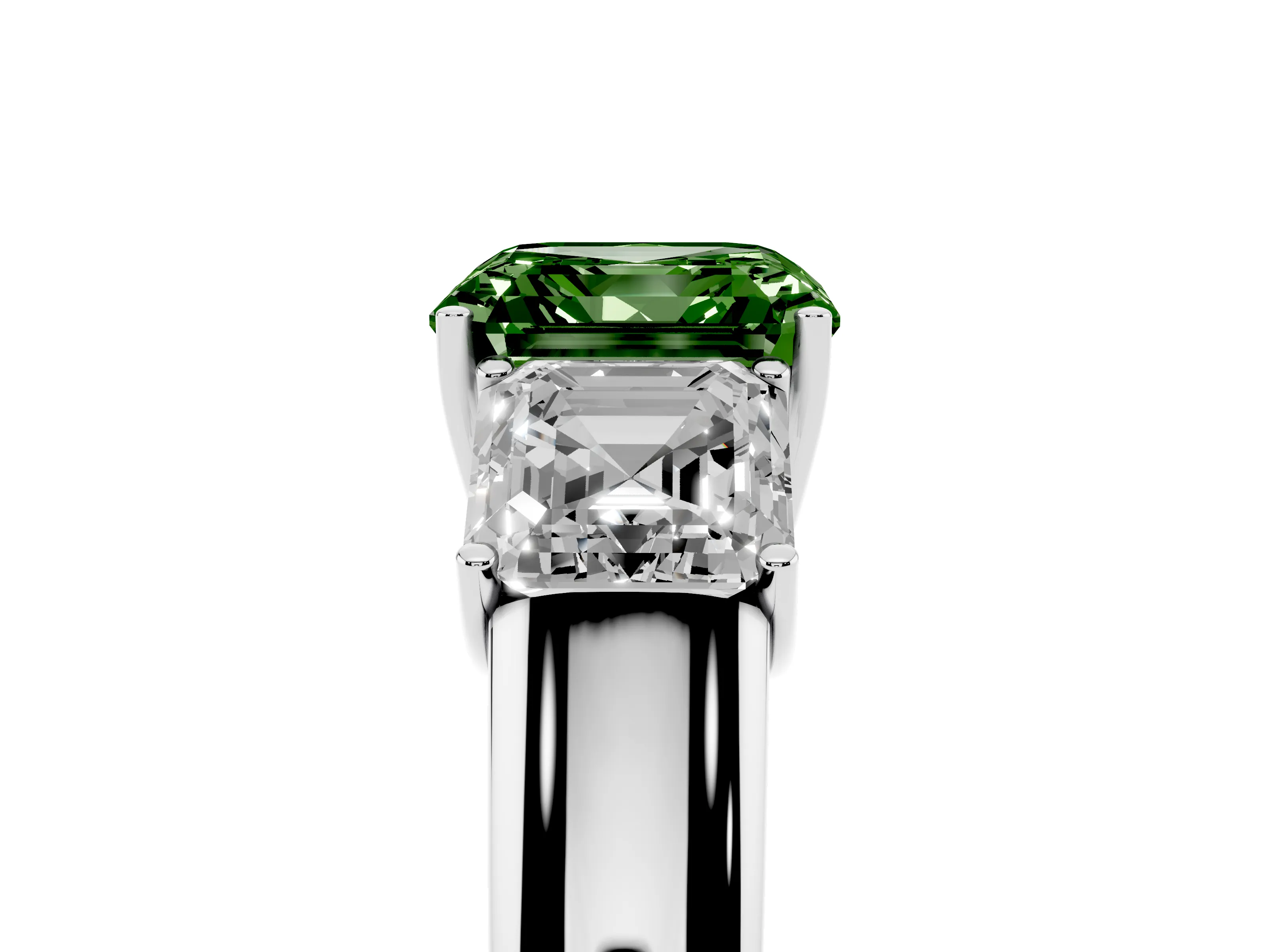 Fancy Green Three-Stone Asscher Cut Diamond Ring Set in White gold with Matching Prong Settings and Plain Band