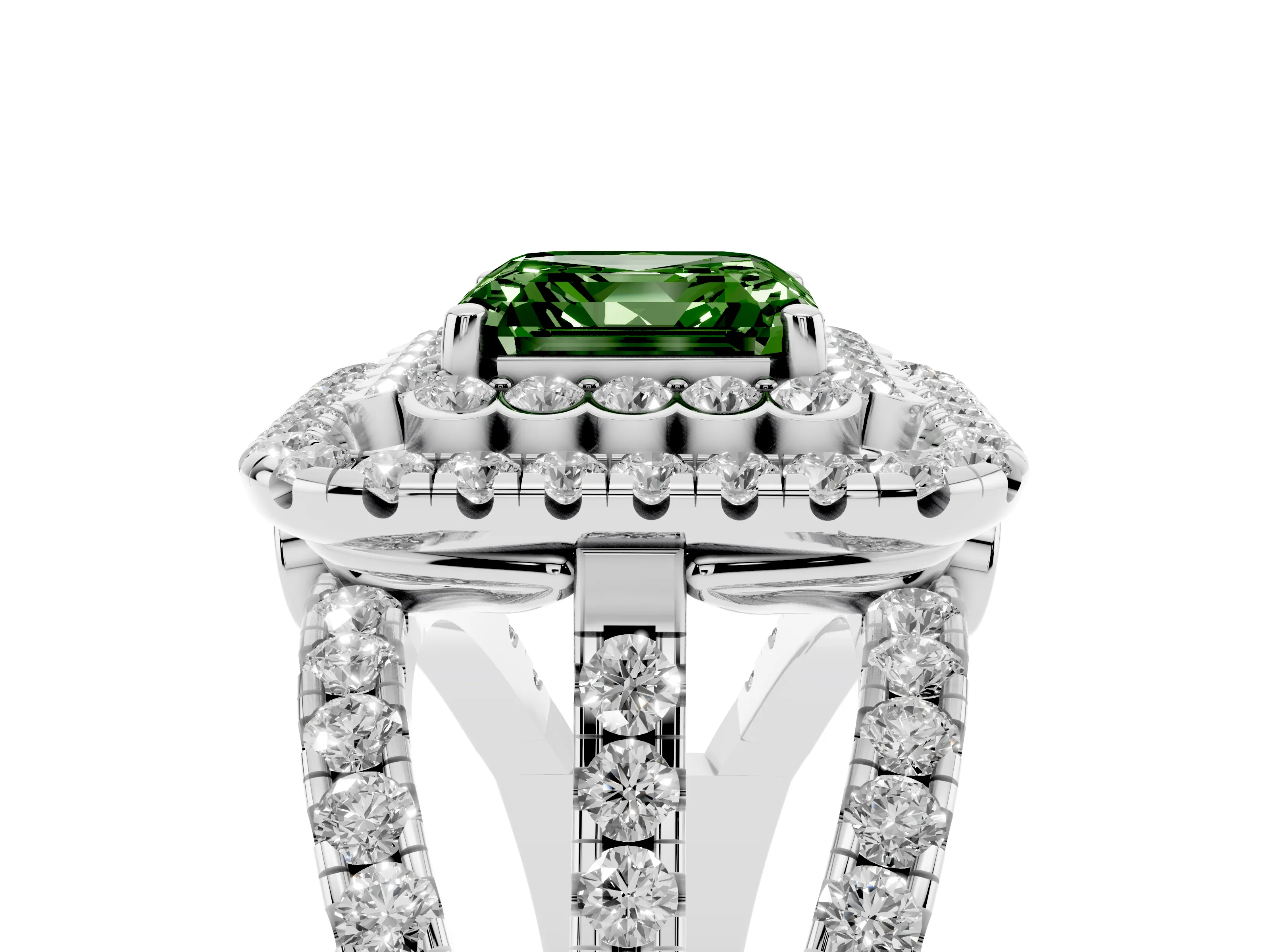 Fancy Green Asscher Cut Diamond Double Halo Ring Set in White gold with Round Pavé Split Shank
