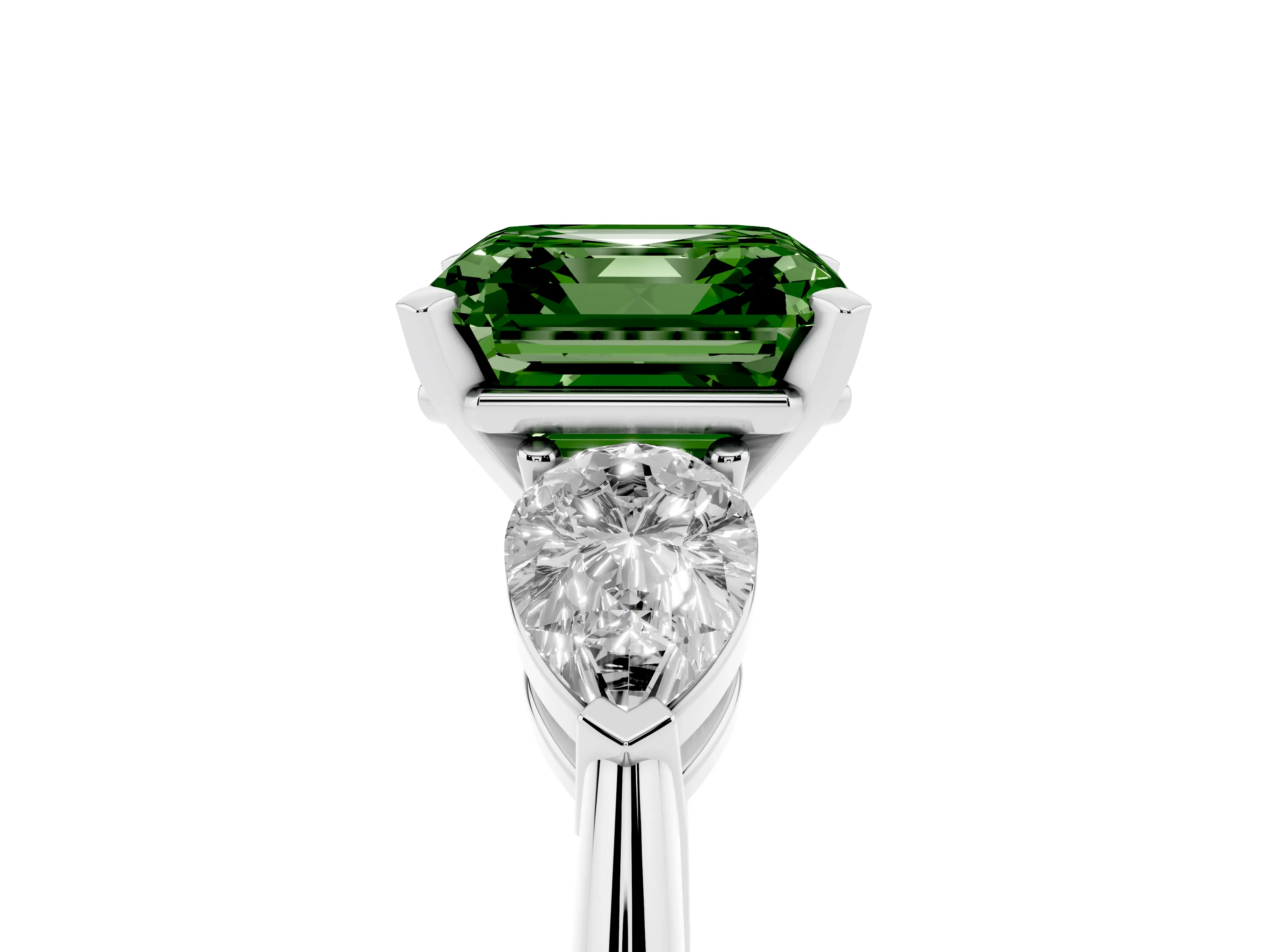 Fancy Green Three-Stone Asscher Cut Diamond Ring Set in Silver with Pear Side Stones and Prong Setting