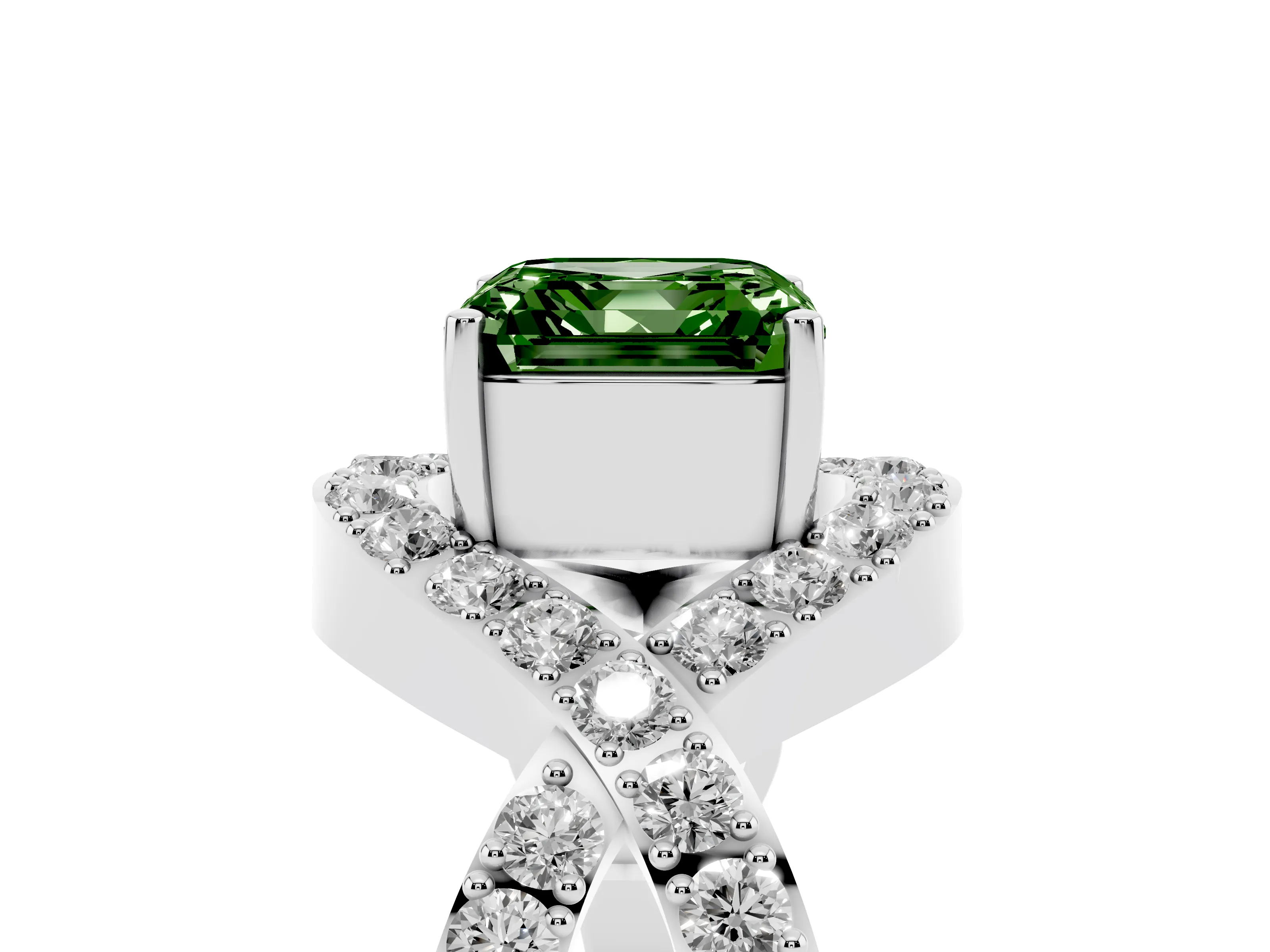 Fancy Green Asscher Cut Diamond Solitaire Twist Band Pavé Engagement Ring Set in Silver