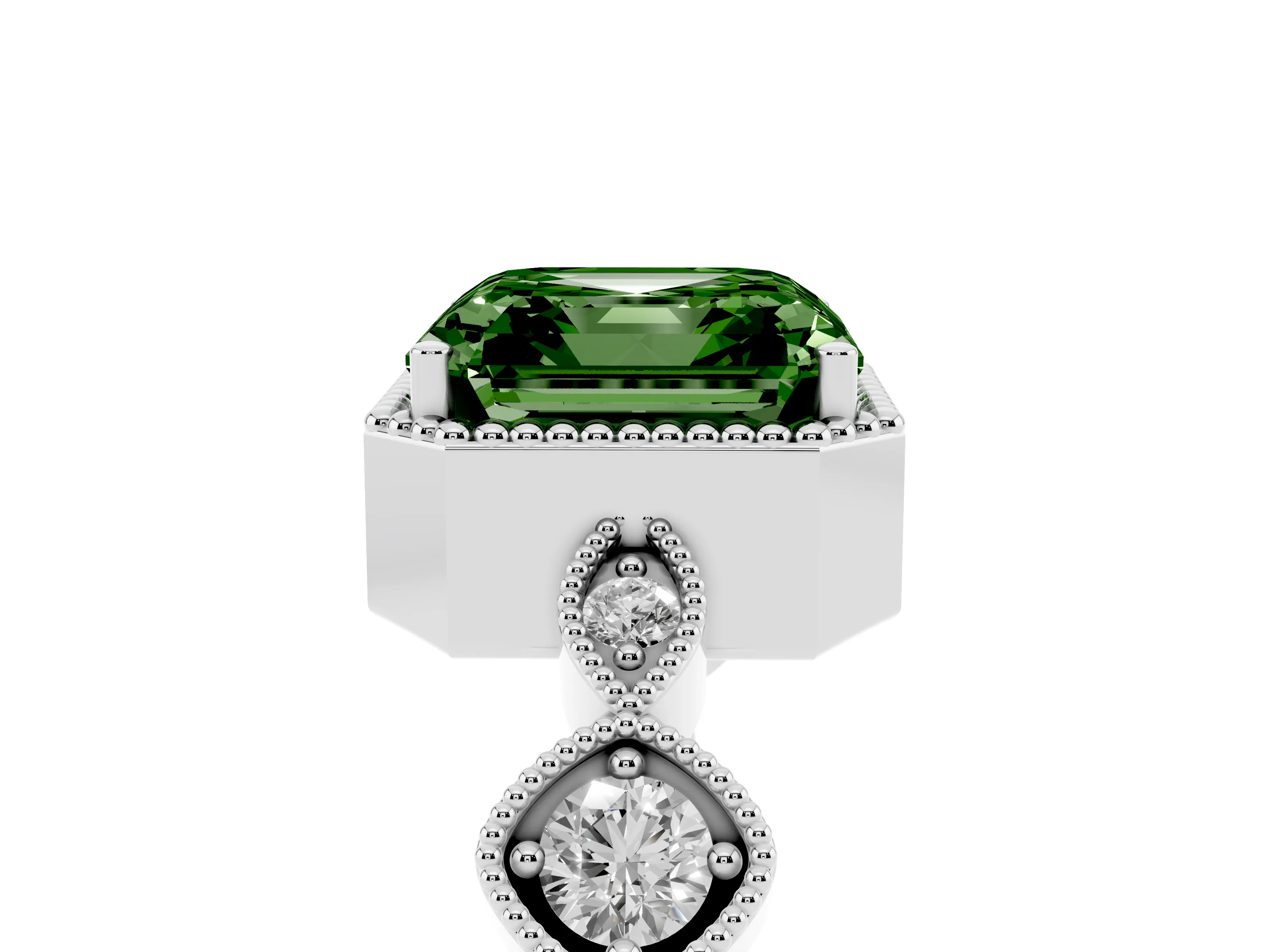 Fancy Green Asscher Cut Diamond Vintage-Inspired Milgrain Ring Set in White gold with Marquise Stations of Round Accents
