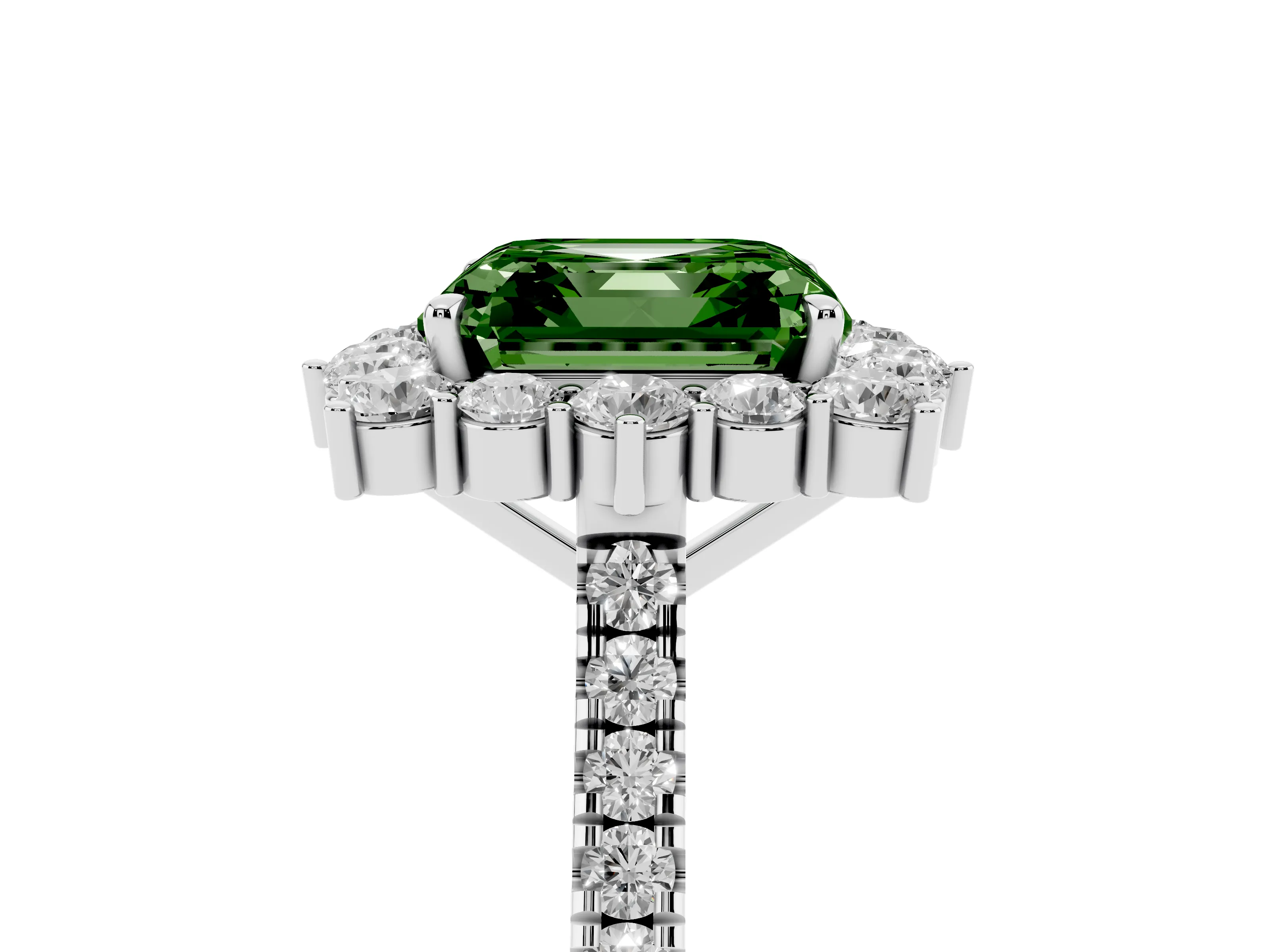 Fancy Green Asscher Cut Diamond Halo Ring Set in Silver with Pavé Band and Prong Setting