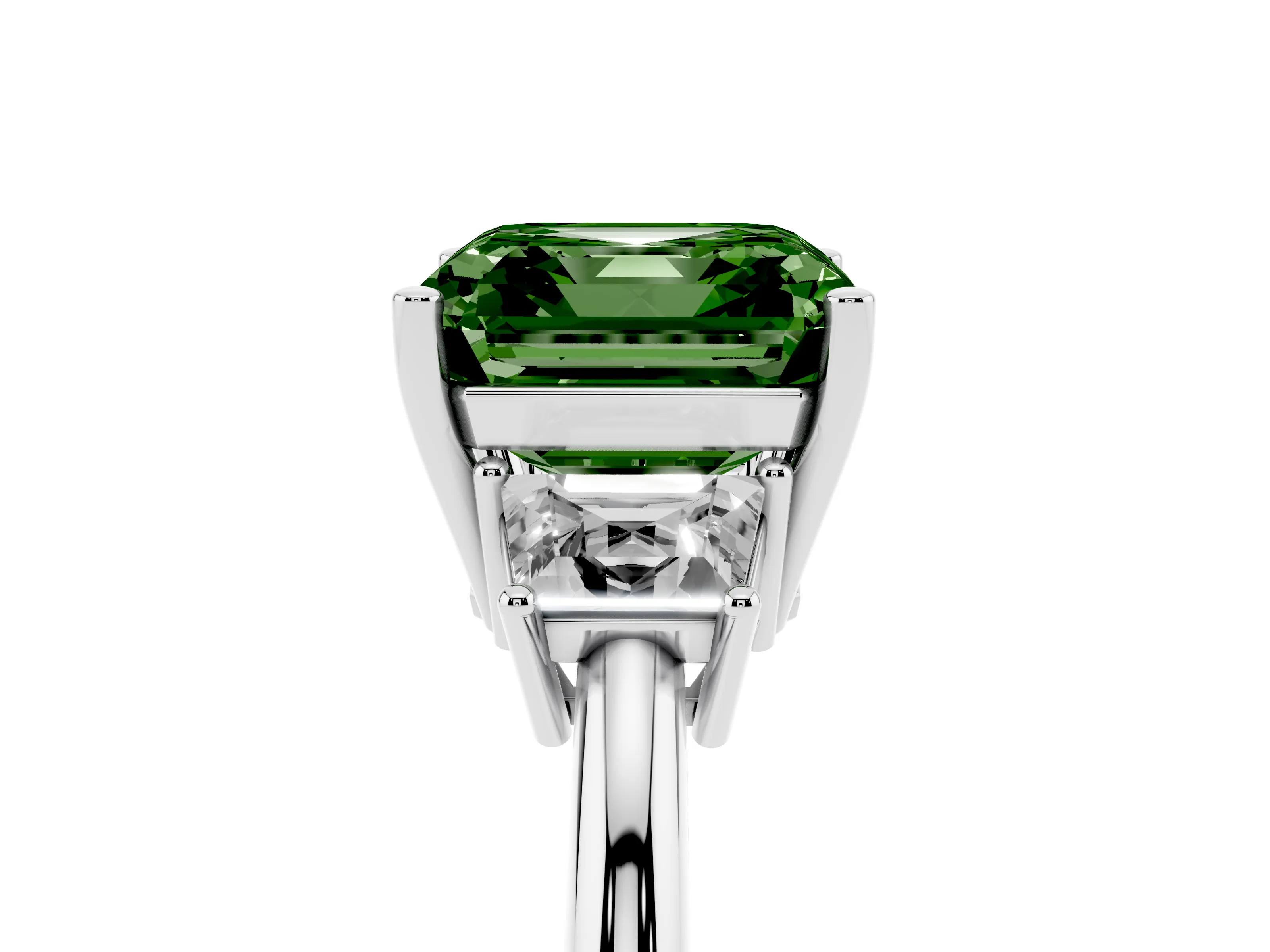 Fancy Green Asscher Cut Diamond Three-Stone Ring Set in Silver with Trapezoid Side Stones and Prong Setting