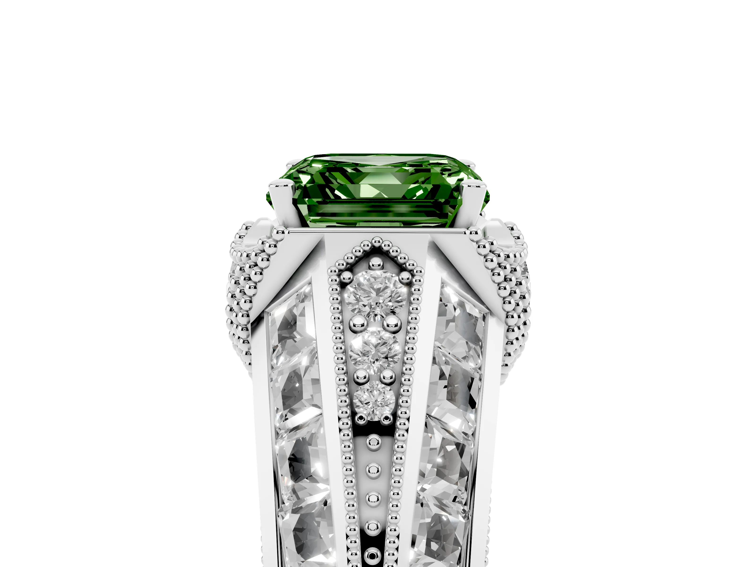 Fancy Green Asscher Cut Diamond Vintage-Inspired Milgrain Ring Set in Platinum with Accent Split Shank