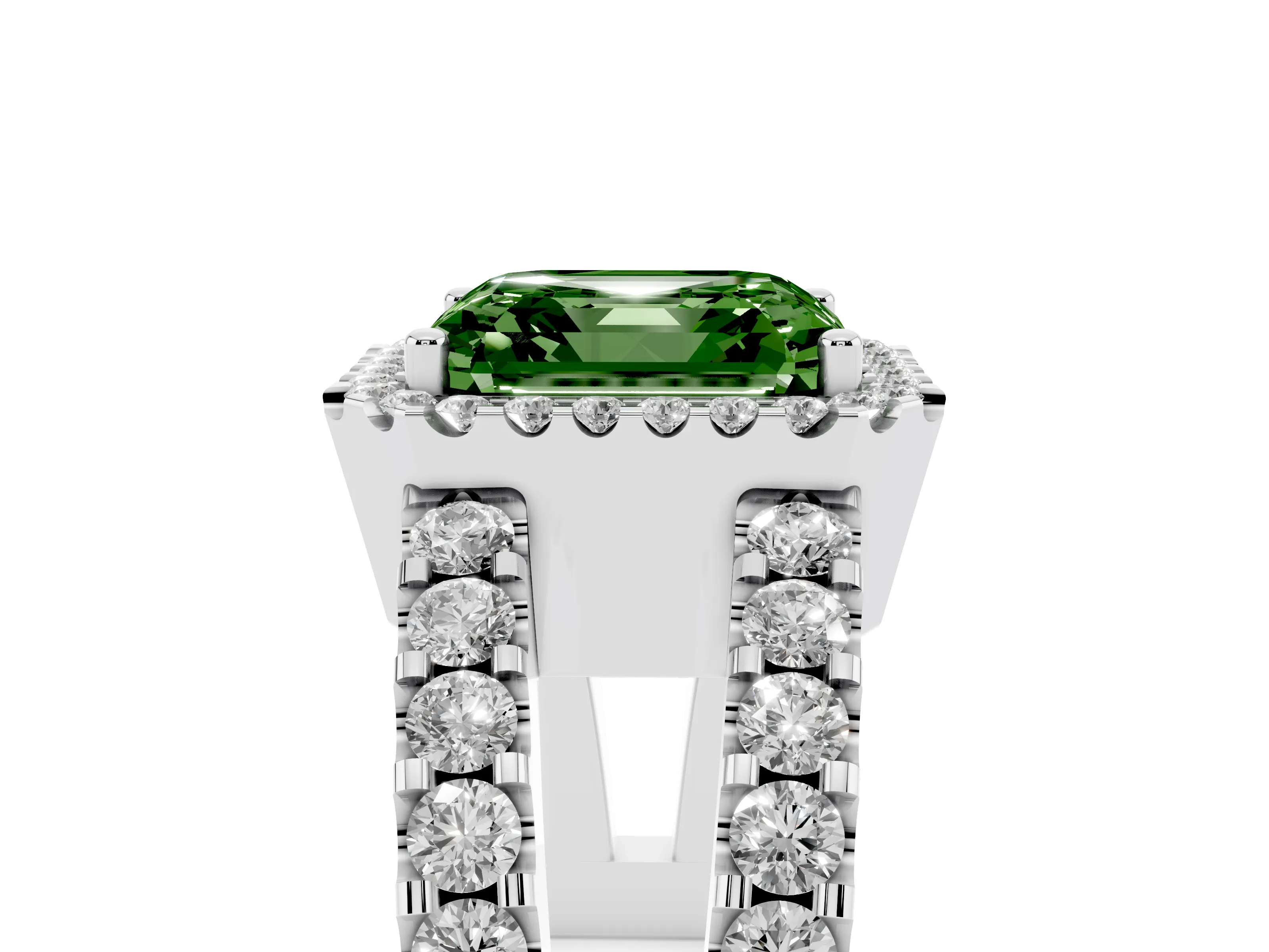 Fancy Green Asscher Cut Diamond Halo Ring Set in Platinum with Pavé Split Shank and Prong Setting