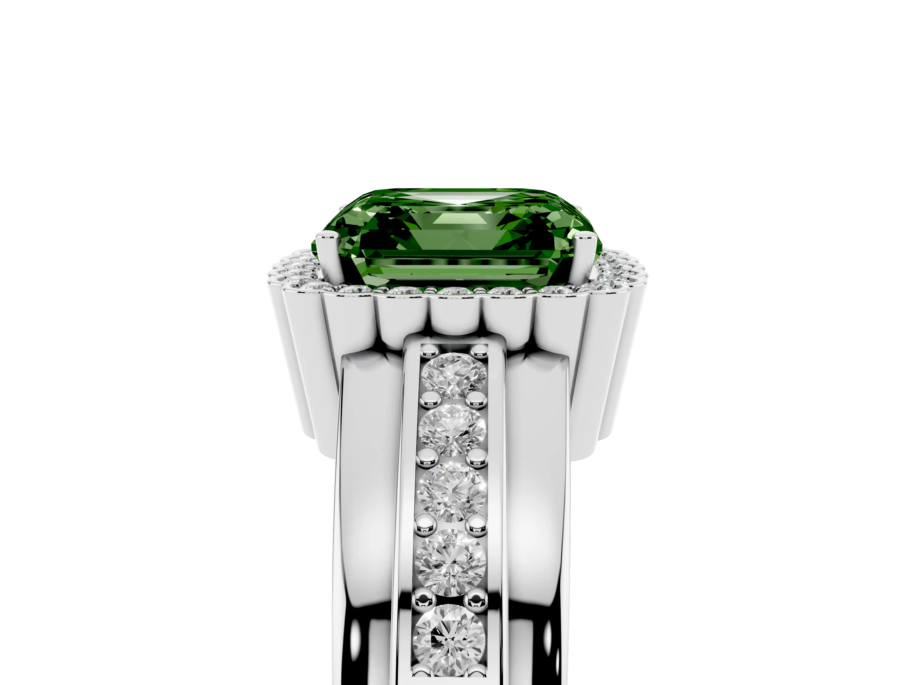 Fancy Green Asscher Cut Diamond Halo Prong Ring Set in Platinum with Pavé Band