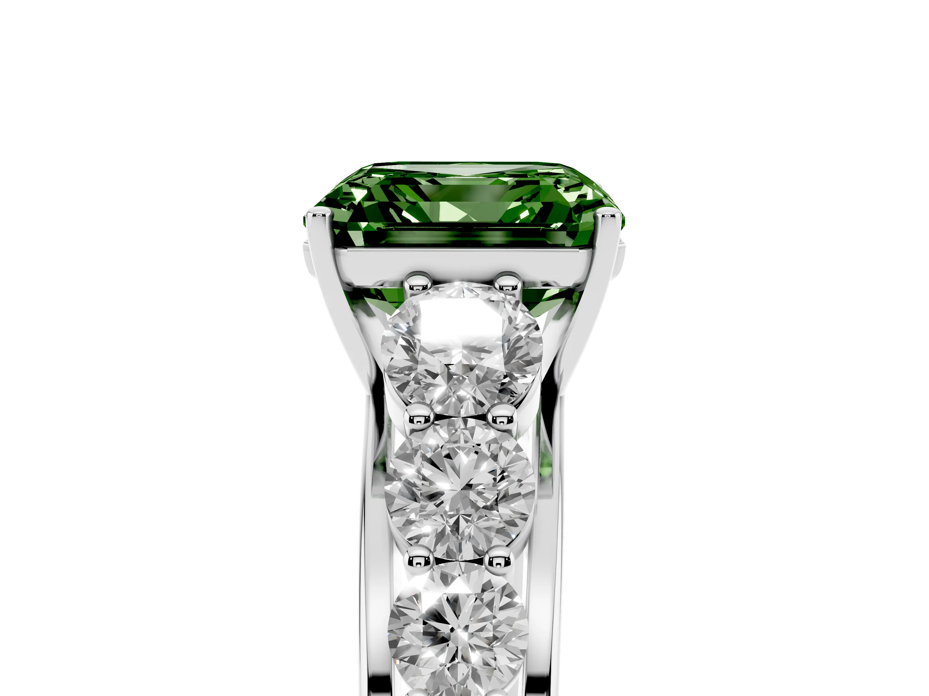 Fancy Green Asscher Cut Diamond Solitaire Ring Set in Silver with Pavé-Set Band and Prong Setting