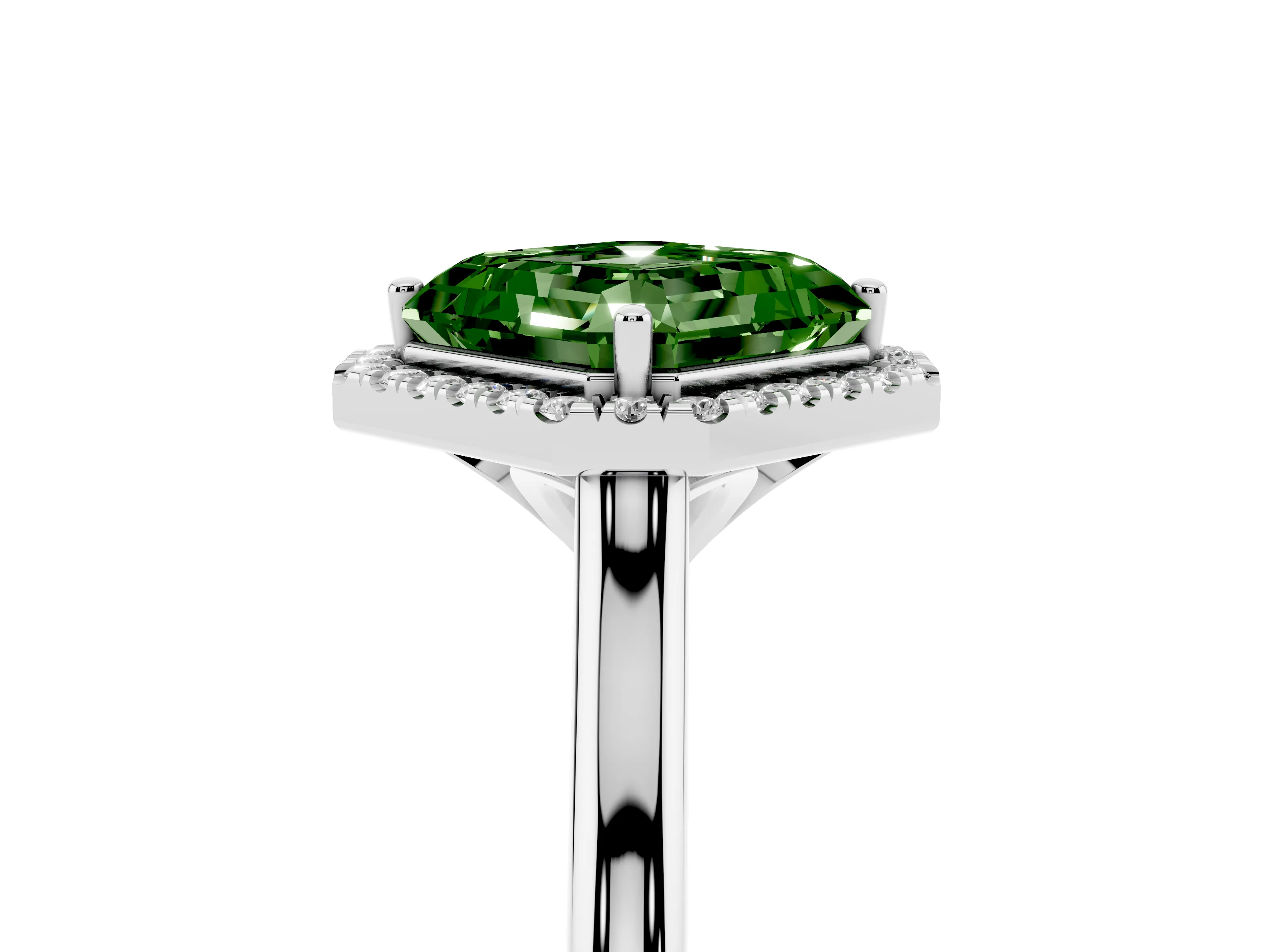 Fancy Green Asscher Cut Diamond Halo Engagement Ring Set in White gold with Pavé Band and Rising Shoulders