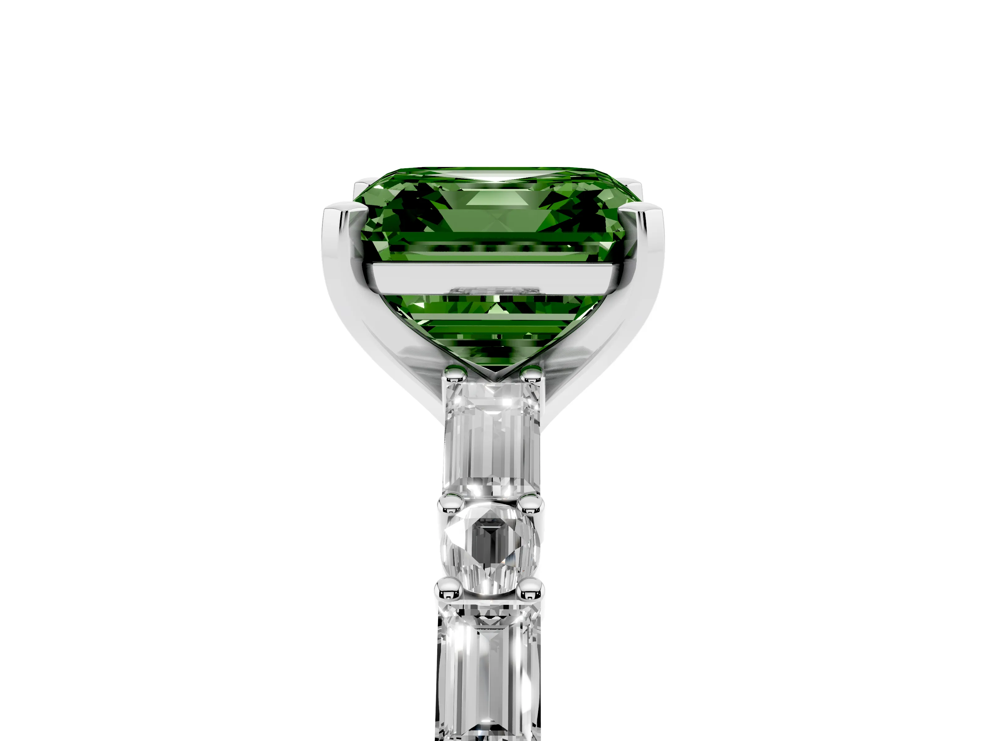 Fancy Green Asscher Cut Diamond Solitaire Set in White gold with Side Baguettes and Channel Set Band
