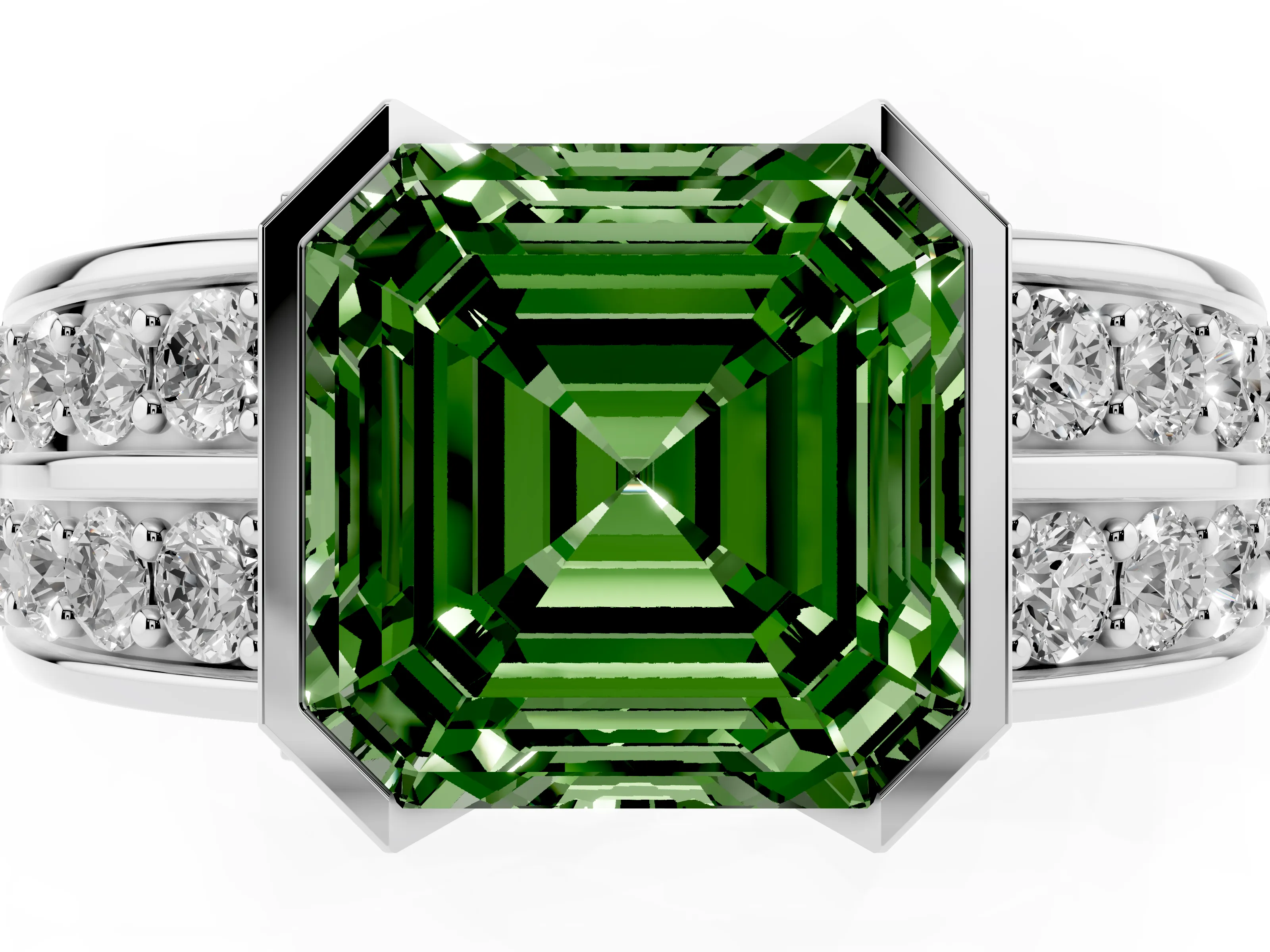 Fancy Green Asscher Cut Diamond Wide Channel Set Band Ring Set in Platinum with Bezel Setting