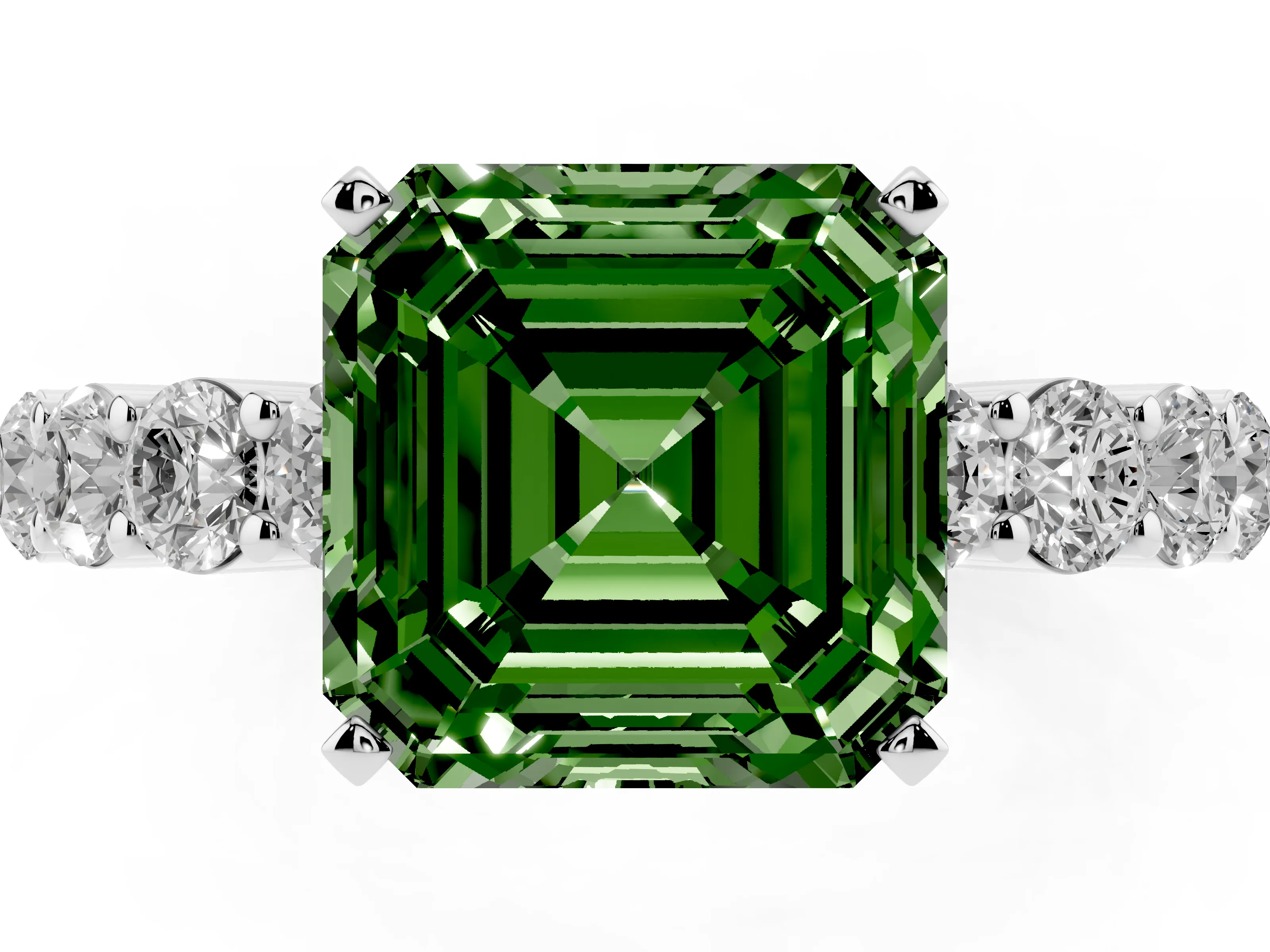 Fancy Green Asscher Cut Diamond Solitaire Ring Set in White gold with Shared Prong Round Side Stones