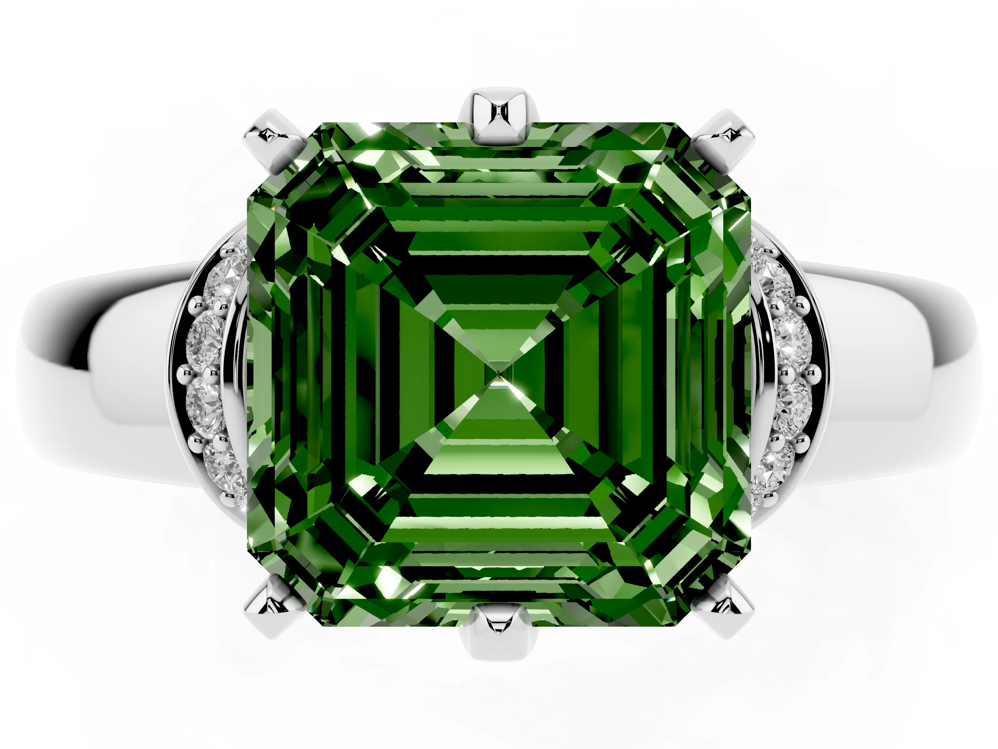 Fancy Green Asscher Cut Diamond Pavé Band Solitaire Ring Set in Silver with Prong Setting