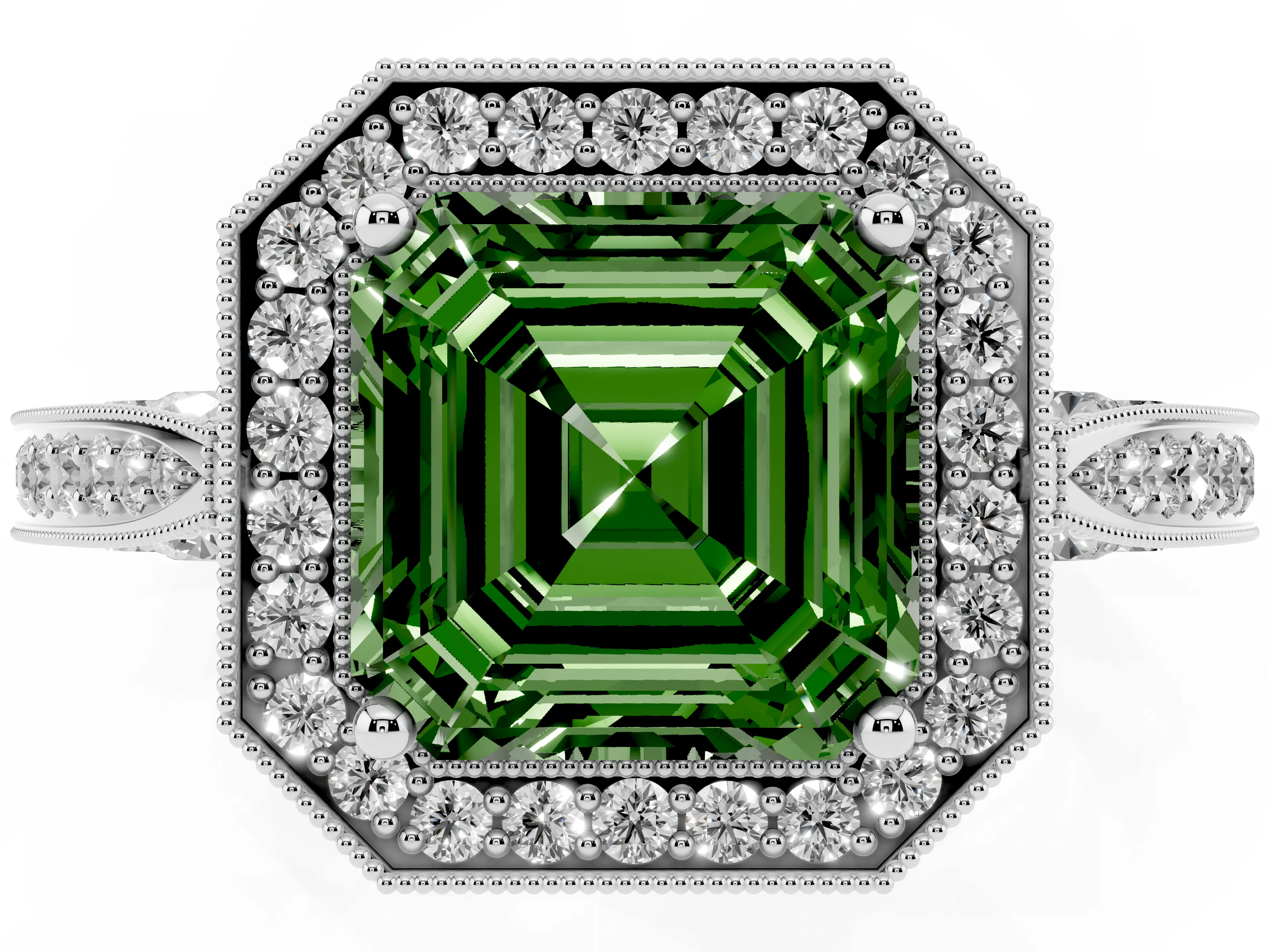 Fancy Green Asscher Cut Diamond Halo Engagement Ring Set in Silver with Accent Split Shank Band