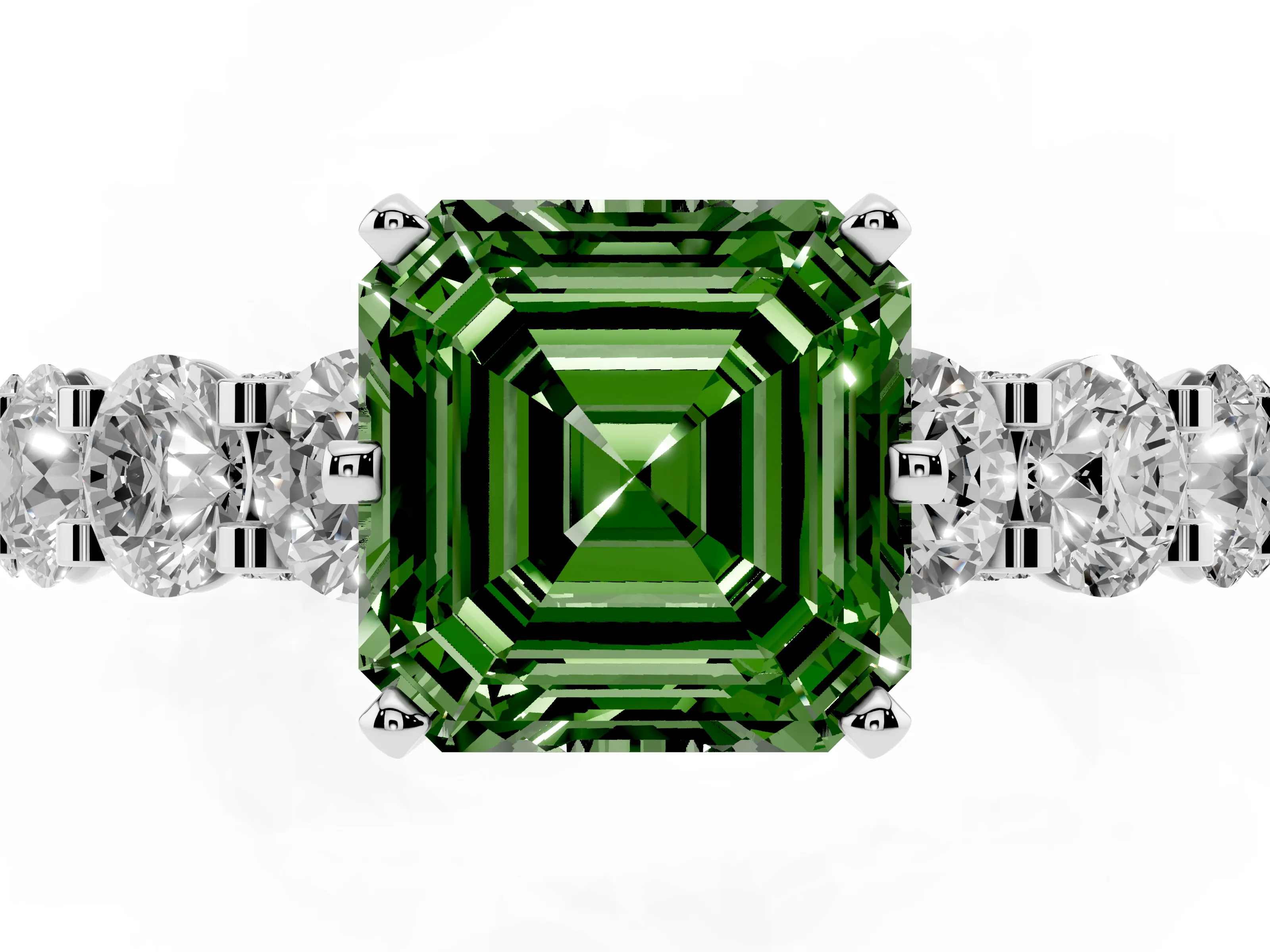 Fancy Green Asscher Cut Diamond Side Stone Ring Set in Silver with Alternating Round and Oval Side Stones