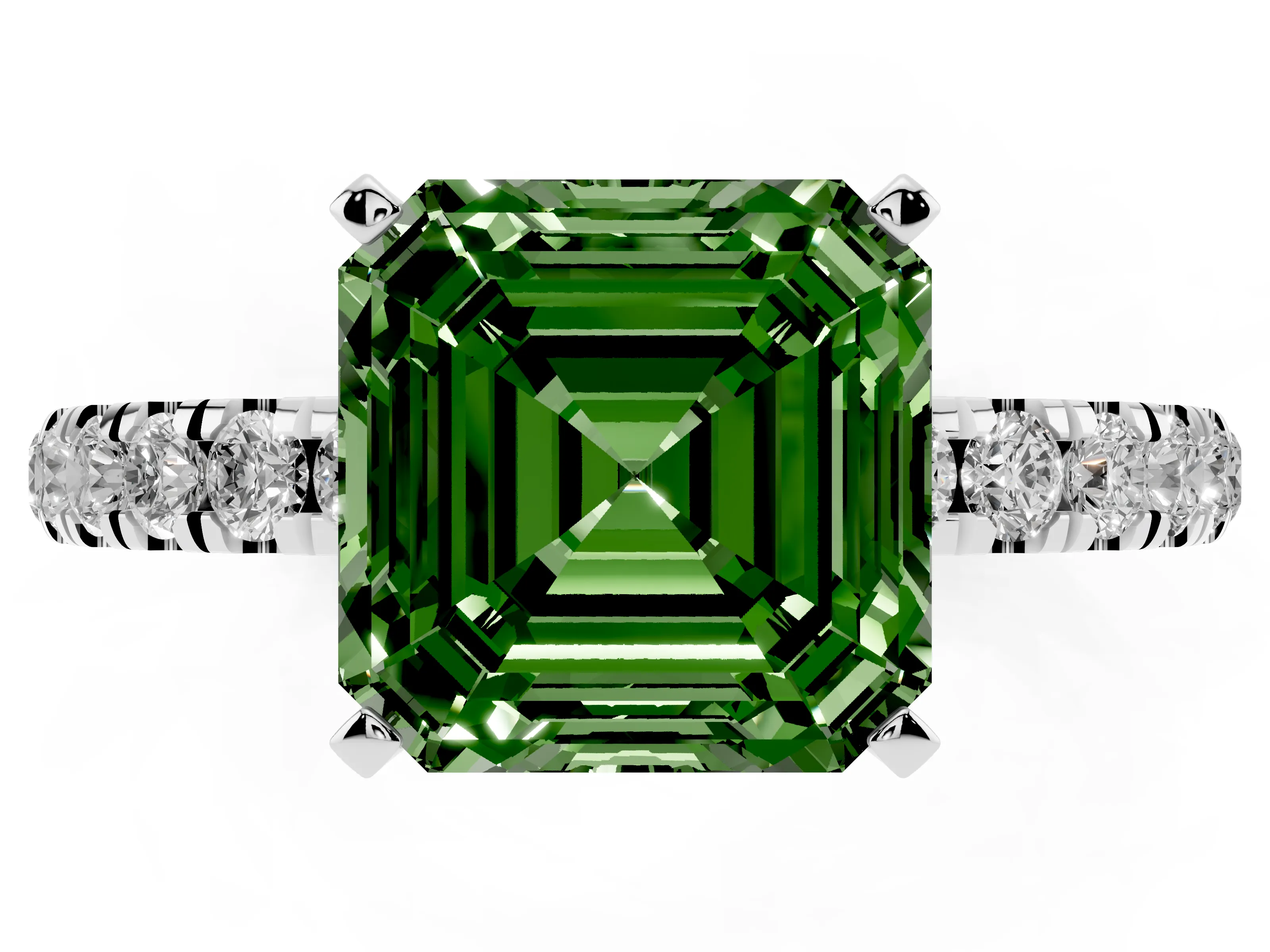 Fancy Green Asscher Cut Diamond Solitaire Ring Set in Platinum with Pavé Accents and Prong Setting