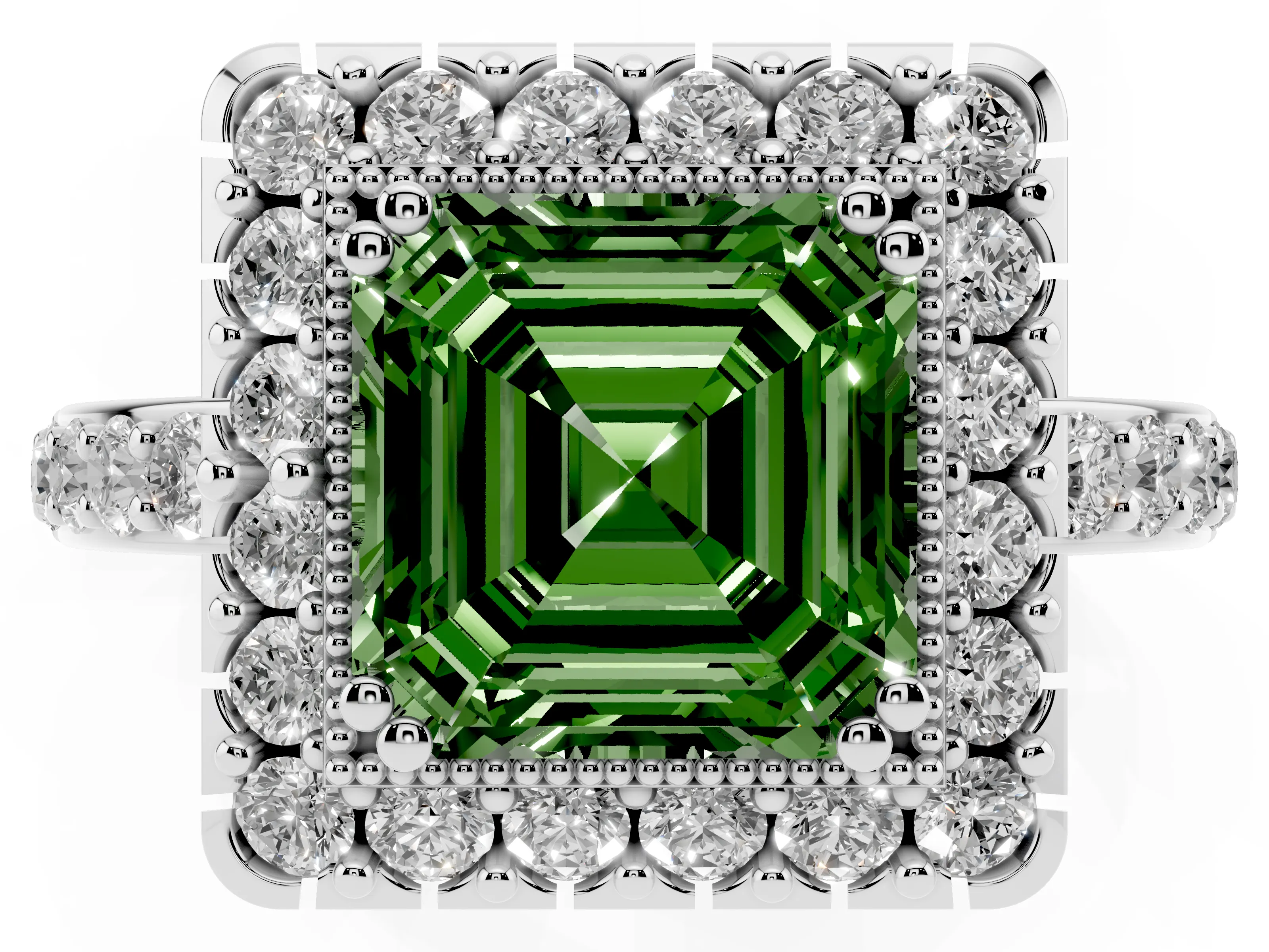 Fancy Green Asscher Cut Diamond Halo Ring Set in White gold with Pavé Shank and Prong Setting