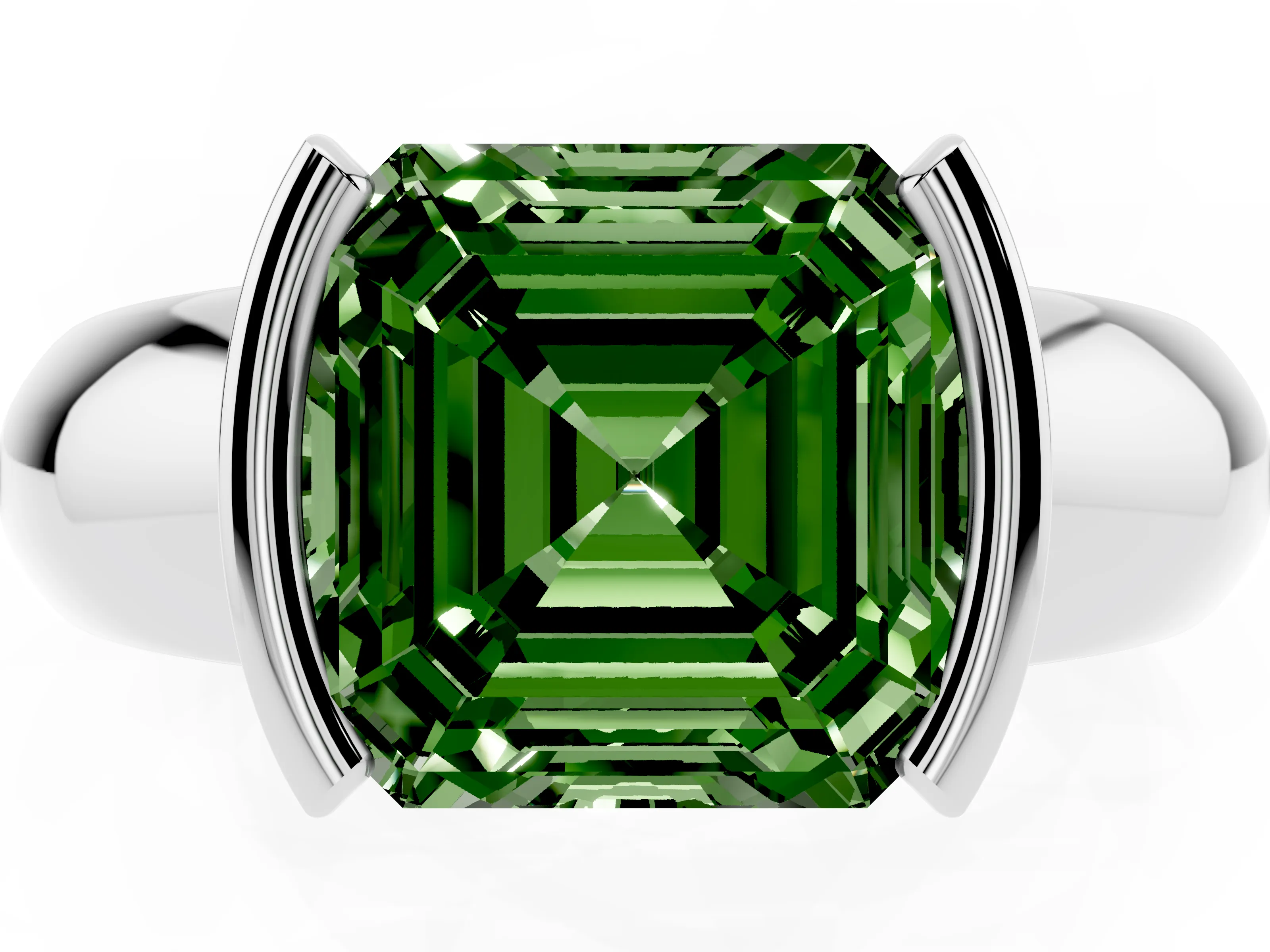 Fancy Green Asscher Cut Diamond Solitaire Tension Set Ring Set in Silver with Wide Band