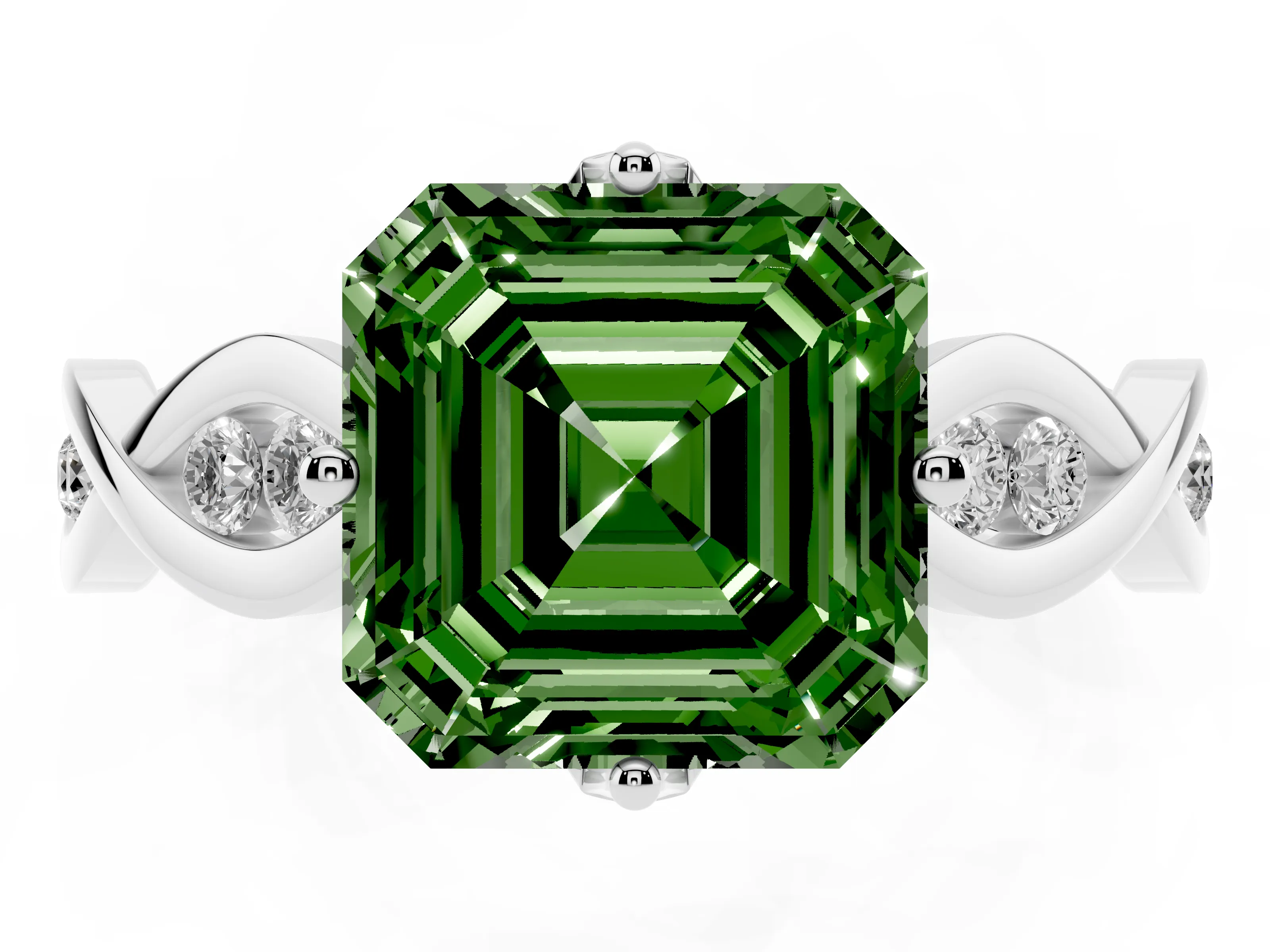 Fancy Green Asscher Cut Diamond Twist Band Solitaire Ring Set in Platinum with Leaf Prong Setting and Accent Stones