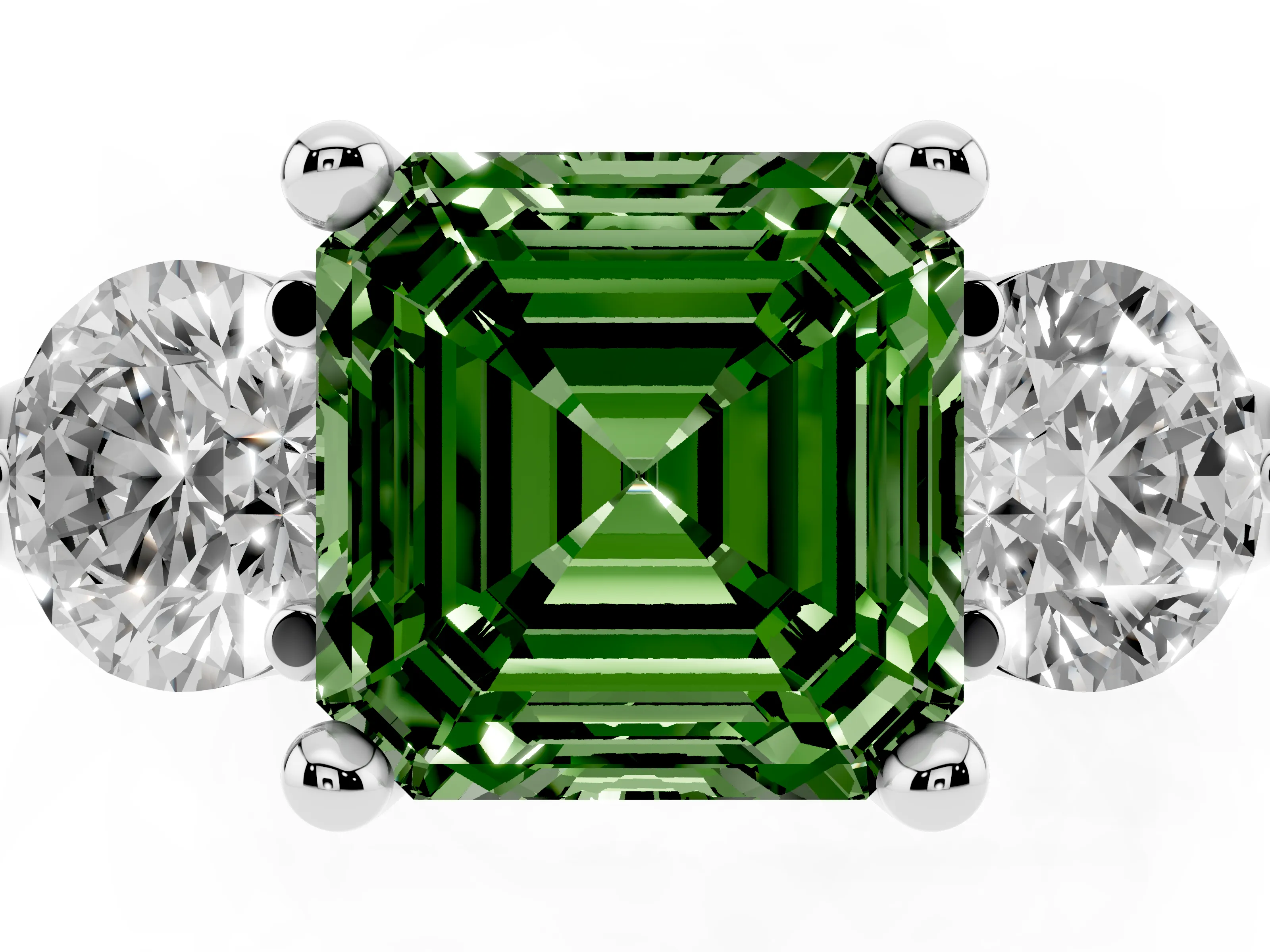 Fancy Green Asscher Cut Diamond Three-Stone Ring Set in White gold with Prong Setting and Classic Band